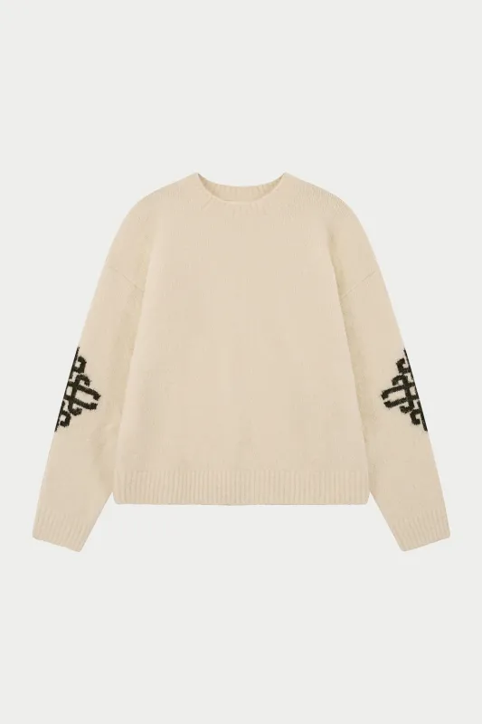BRUSHED EMBLEM SLEEVE KNITTED CREW - OFF WHITE sold by The Couture Club