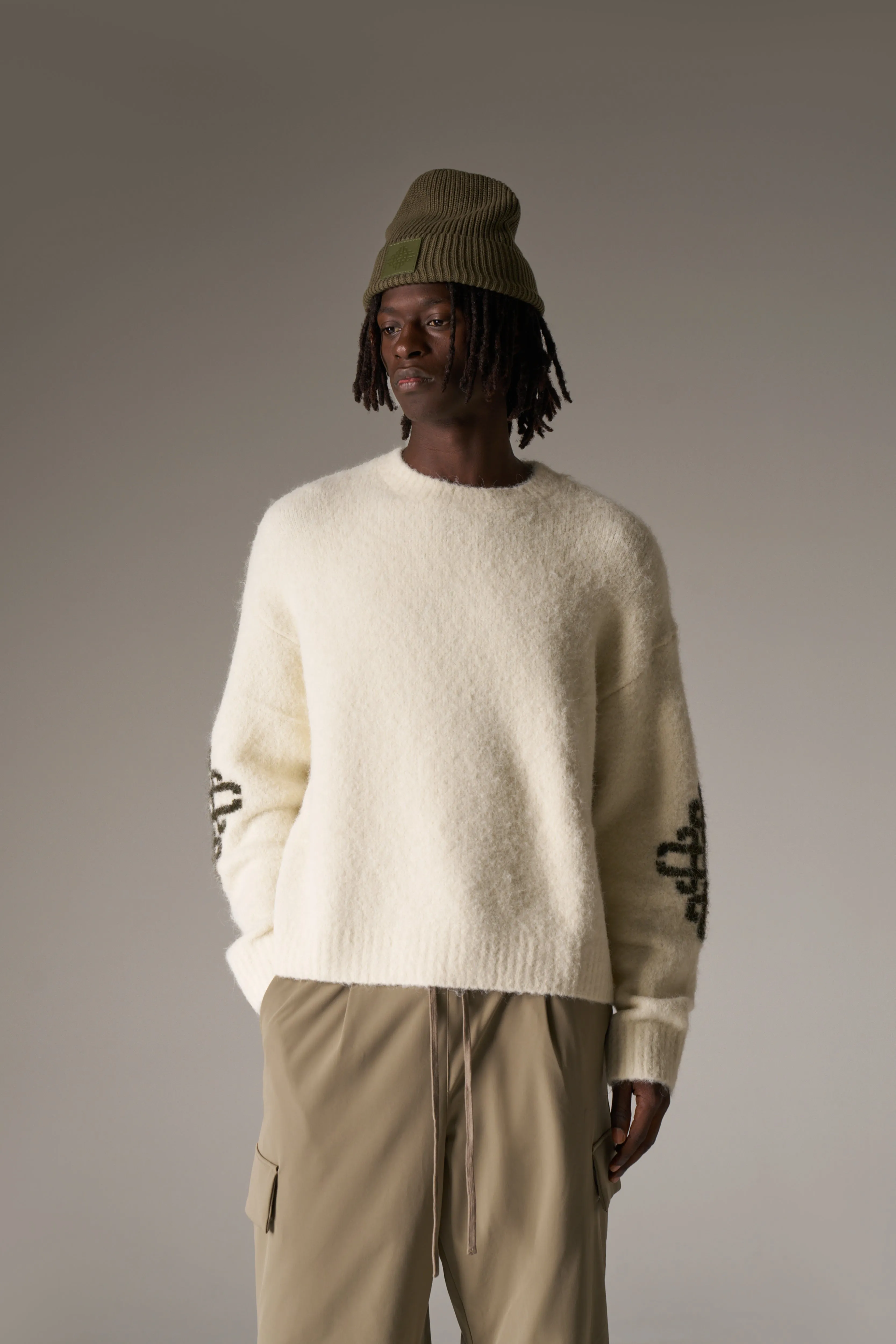 BRUSHED EMBLEM SLEEVE KNITTED CREW - OFF WHITE sold by The Couture Club product image thumbnail 4