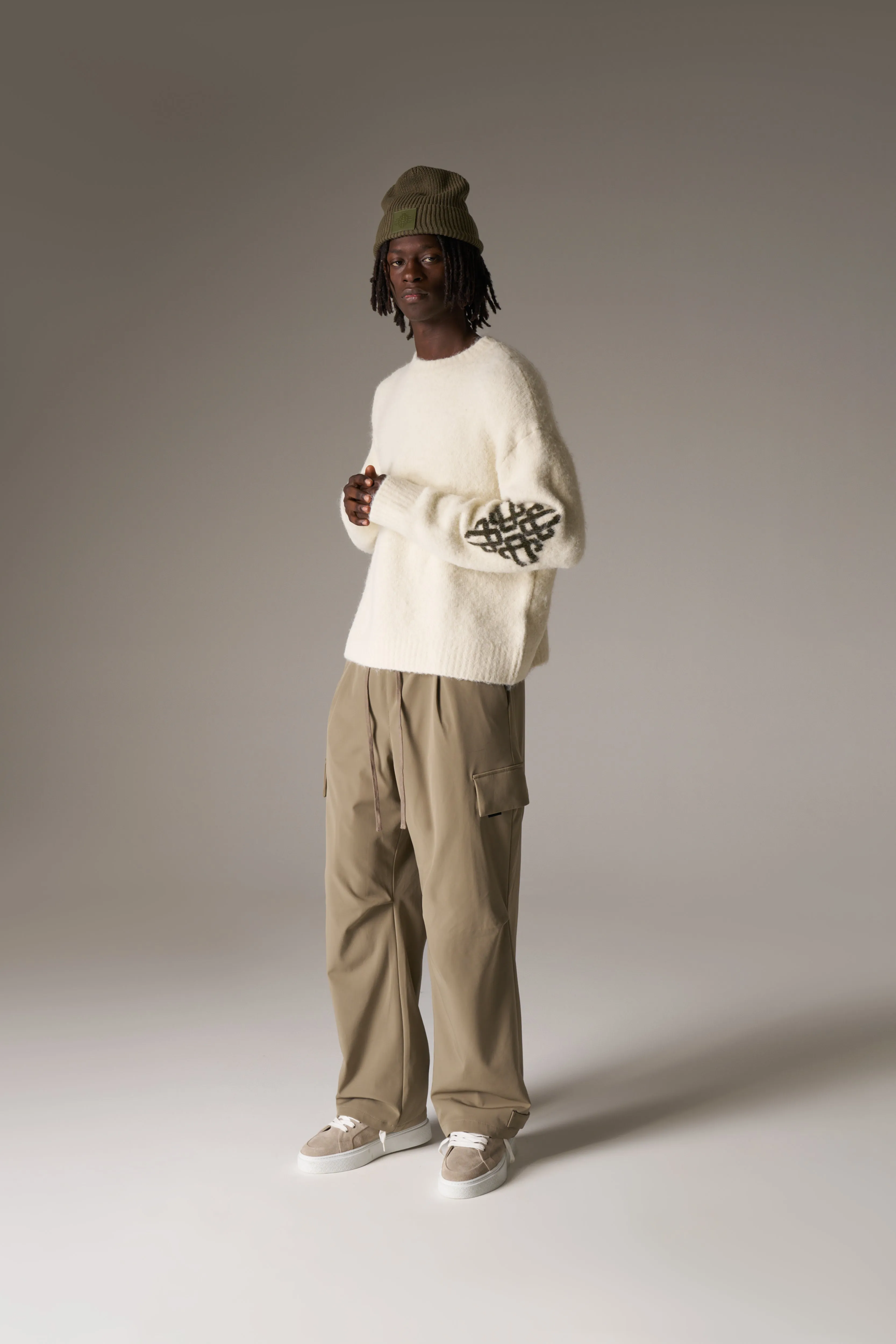 BRUSHED EMBLEM SLEEVE KNITTED CREW - OFF WHITE sold by The Couture Club product image thumbnail 3
