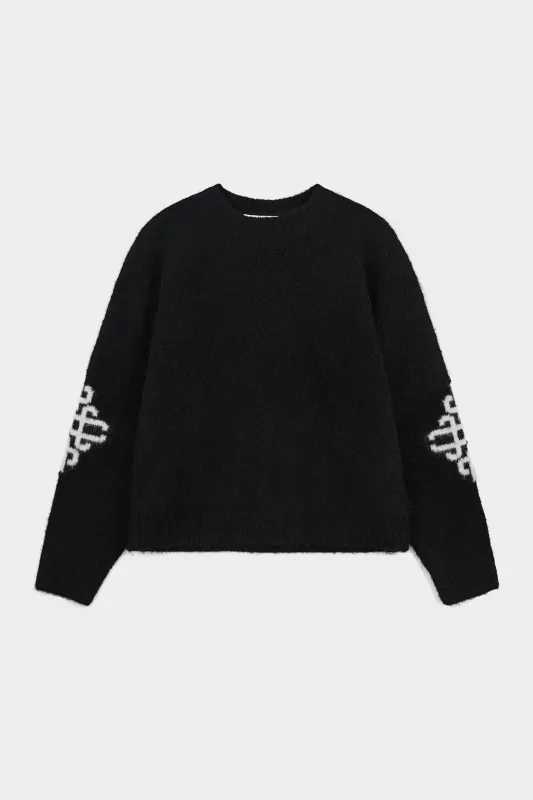 BRUSHED EMBLEM SLEEVE KNITTED CREW - BLACK sold by The Couture Club