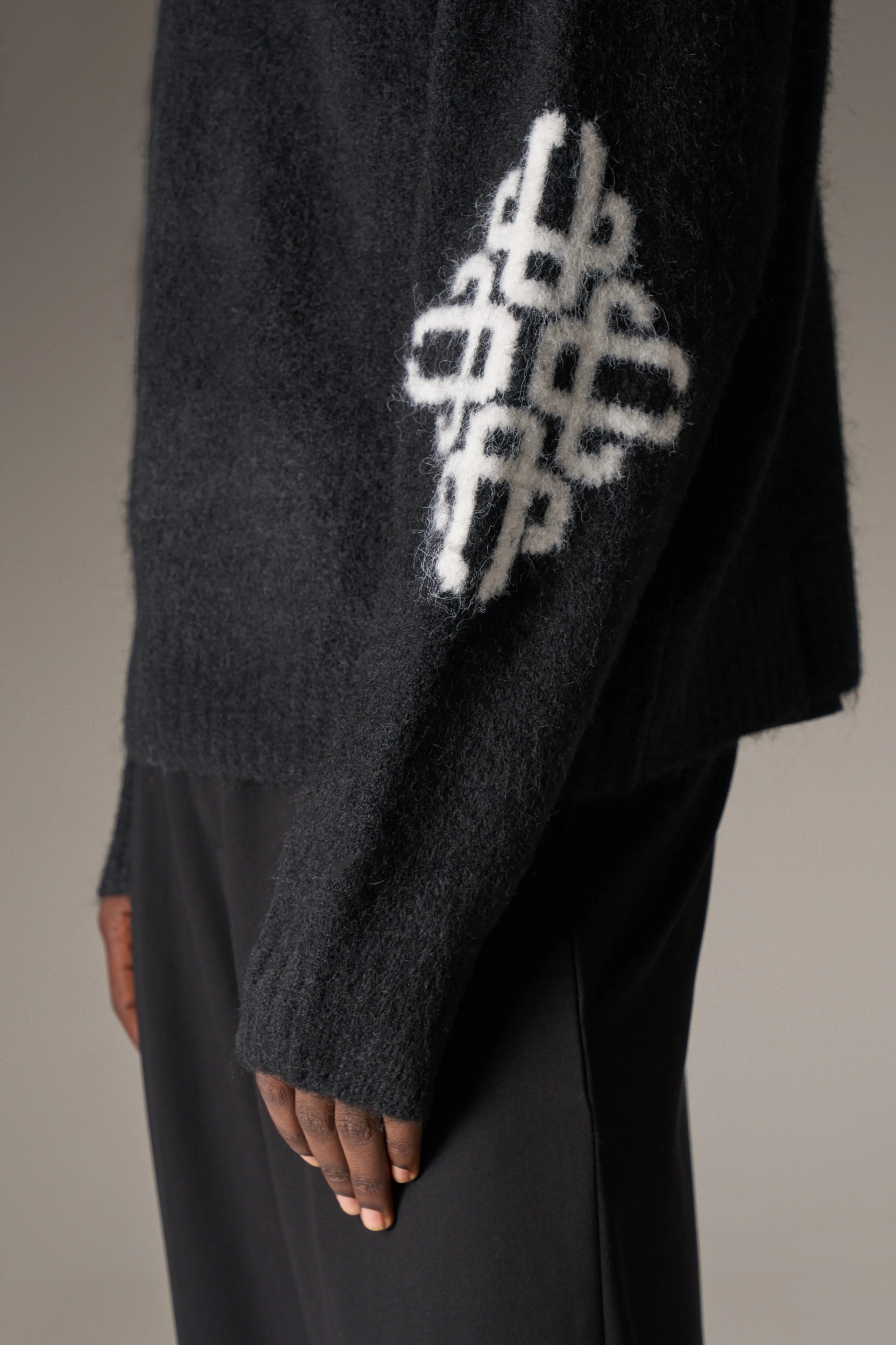 BRUSHED EMBLEM SLEEVE KNITTED CREW - BLACK sold by The Couture Club product image thumbnail 5