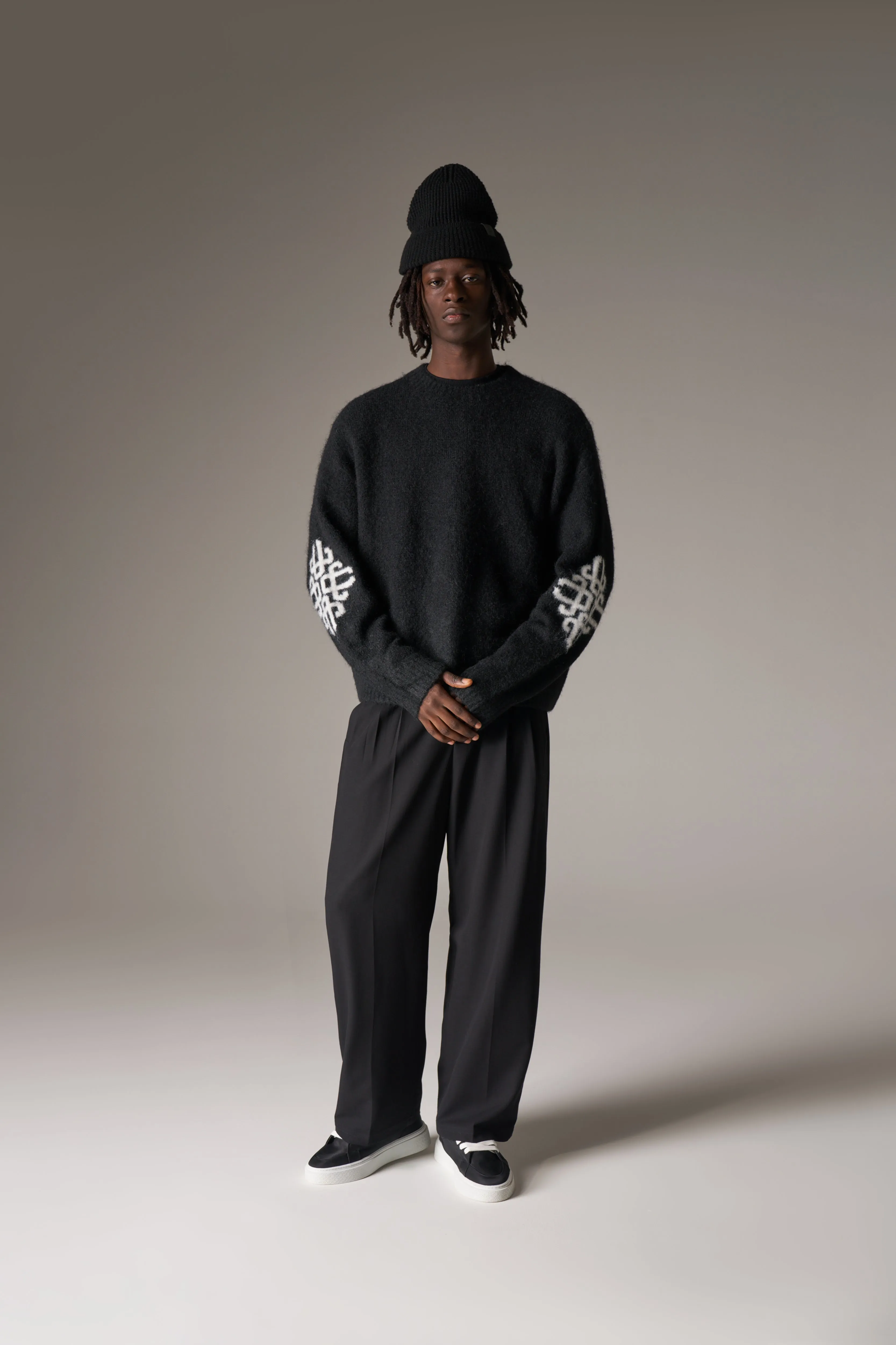 BRUSHED EMBLEM SLEEVE KNITTED CREW - BLACK sold by The Couture Club product image thumbnail 3