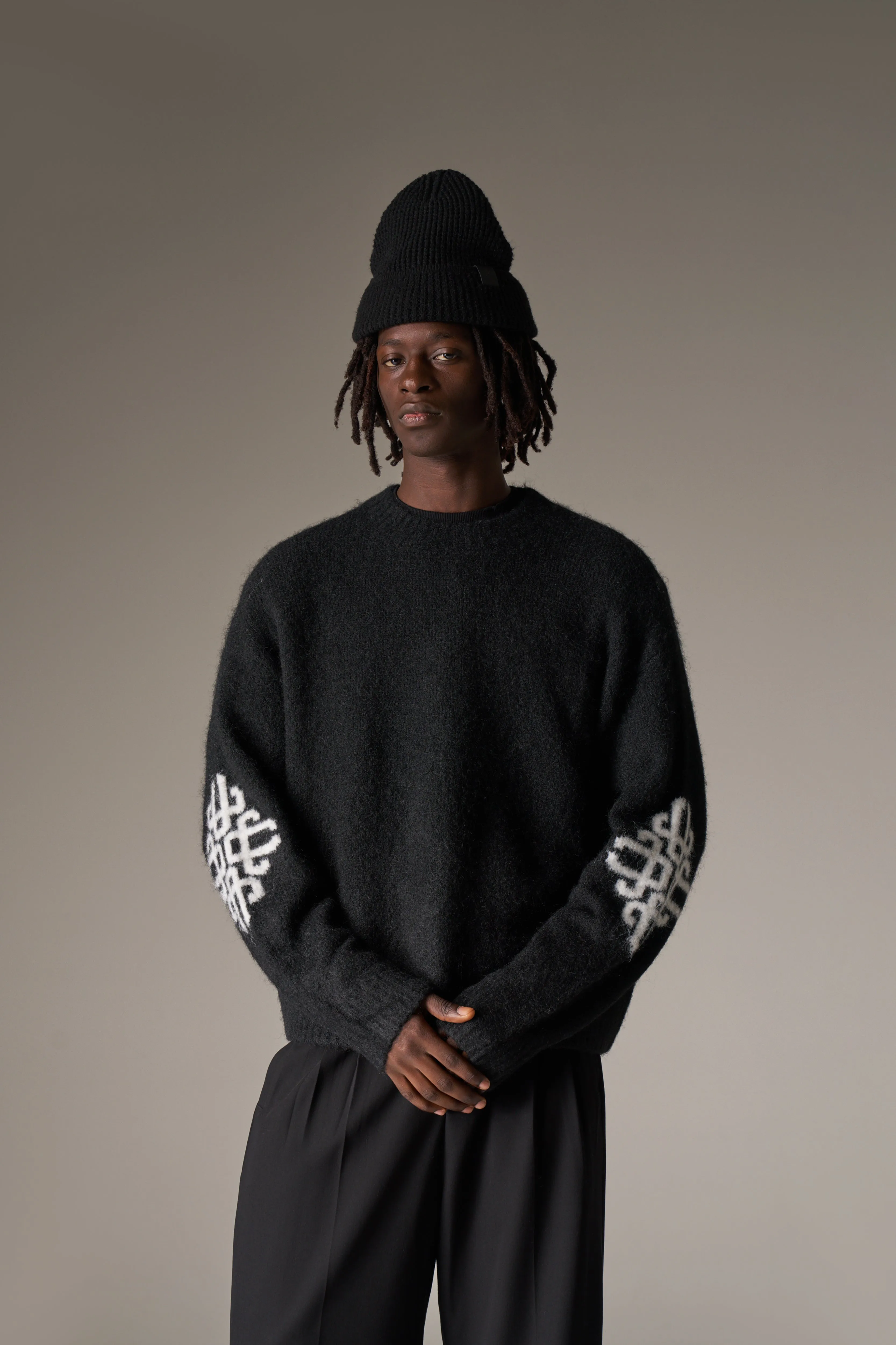 BRUSHED EMBLEM SLEEVE KNITTED CREW - BLACK sold by The Couture Club product image thumbnail 2