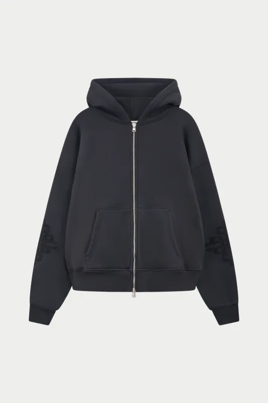 EMBLEM APPLIQUE ZIP THROUGH HOODIE - BLACK made by The Couture Club