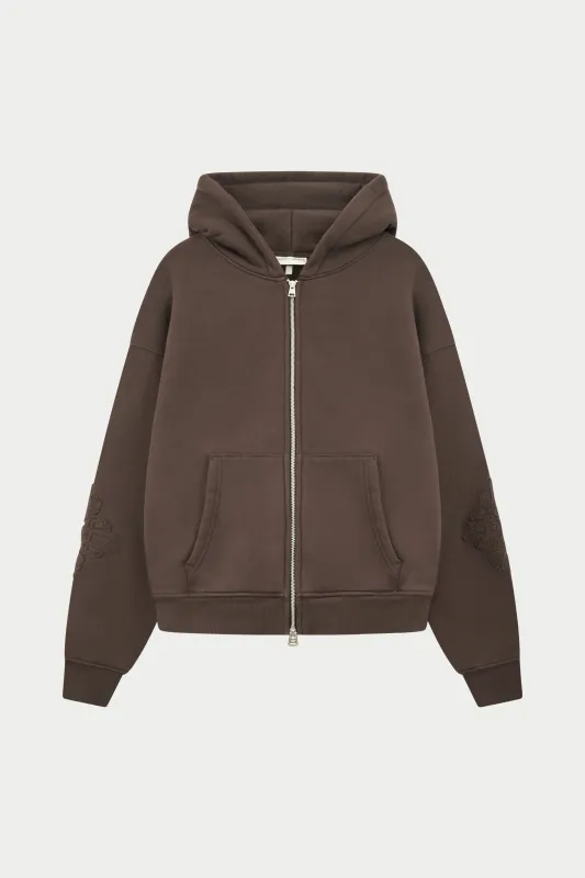 EMBLEM APPLIQUE ZIP THROUGH HOODIE - BROWN sold by The Couture Club