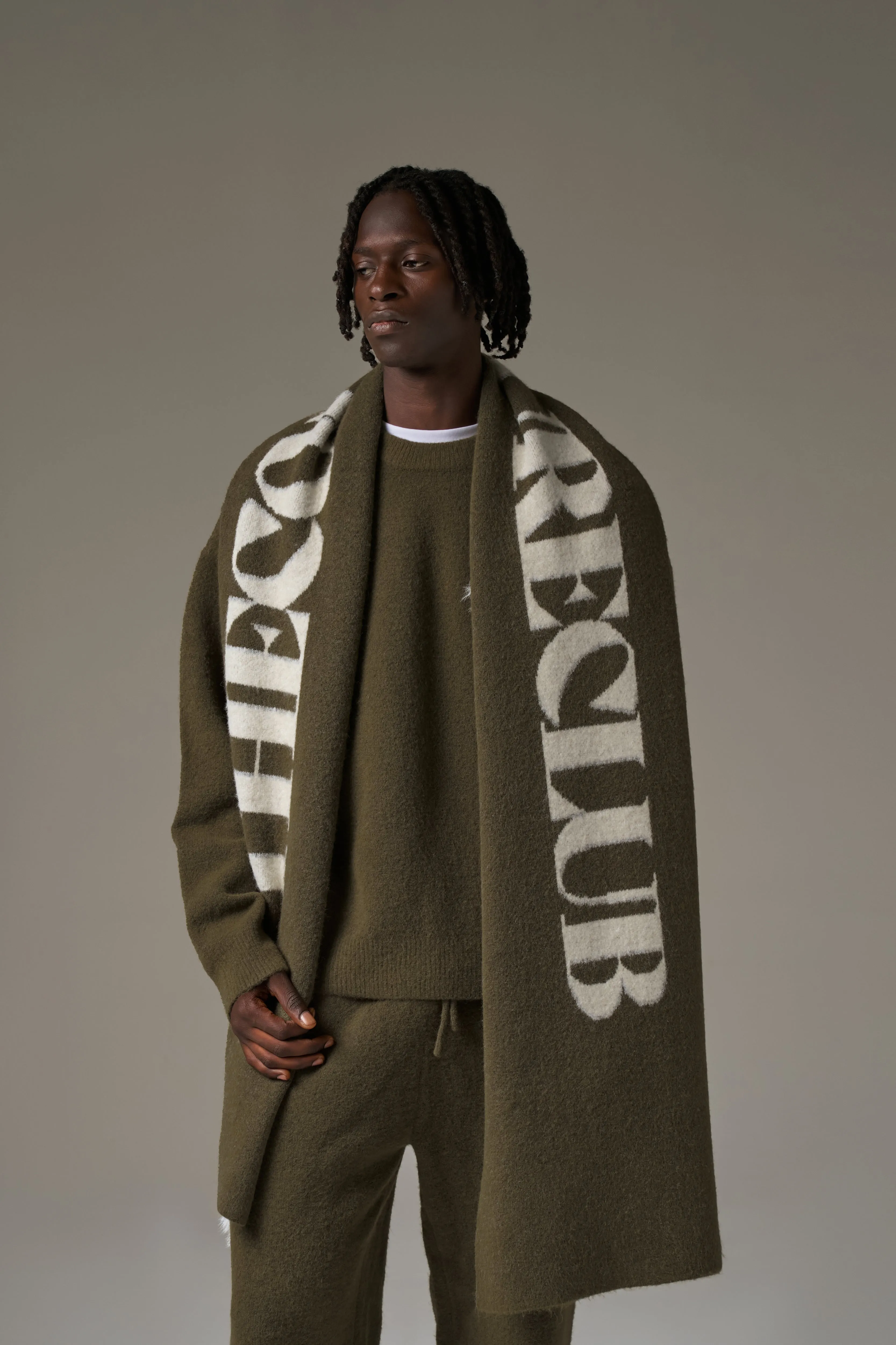 COPYRIGHT KNIT SCARF - KHAKI sold by The Couture Club product image thumbnail 4