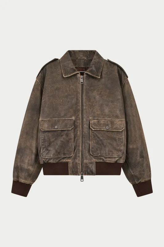 DISTRESSED LEATHER BOMBER JACKET - BROWN sold by The Couture Club