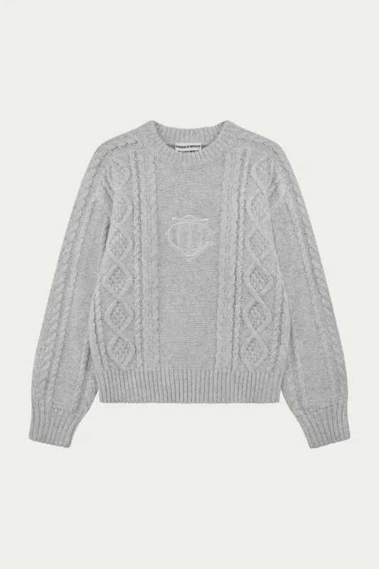 CABLE KNIT EMBROIDERED EMBLEM JUMPER - GREY MARL sold by The Couture Club