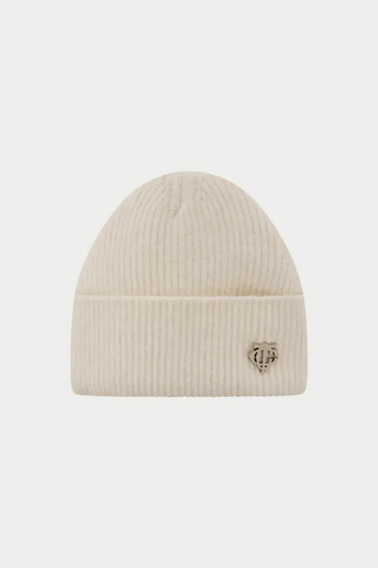 FLUFFY KNIT MONOGRAM PIN BADGE BEANIE - OFF WHITE sold by The Couture Club
