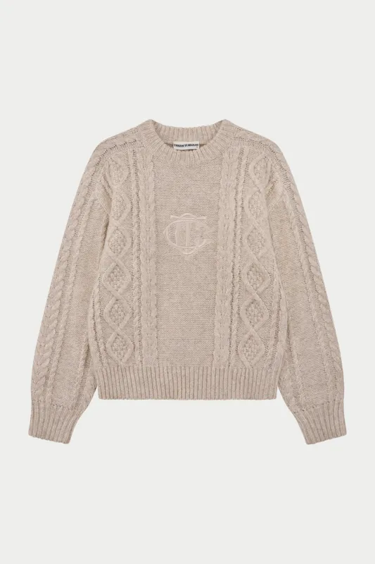 CABLE KNIT EMBROIDERED EMBLEM JUMPER - OAT sold by The Couture Club