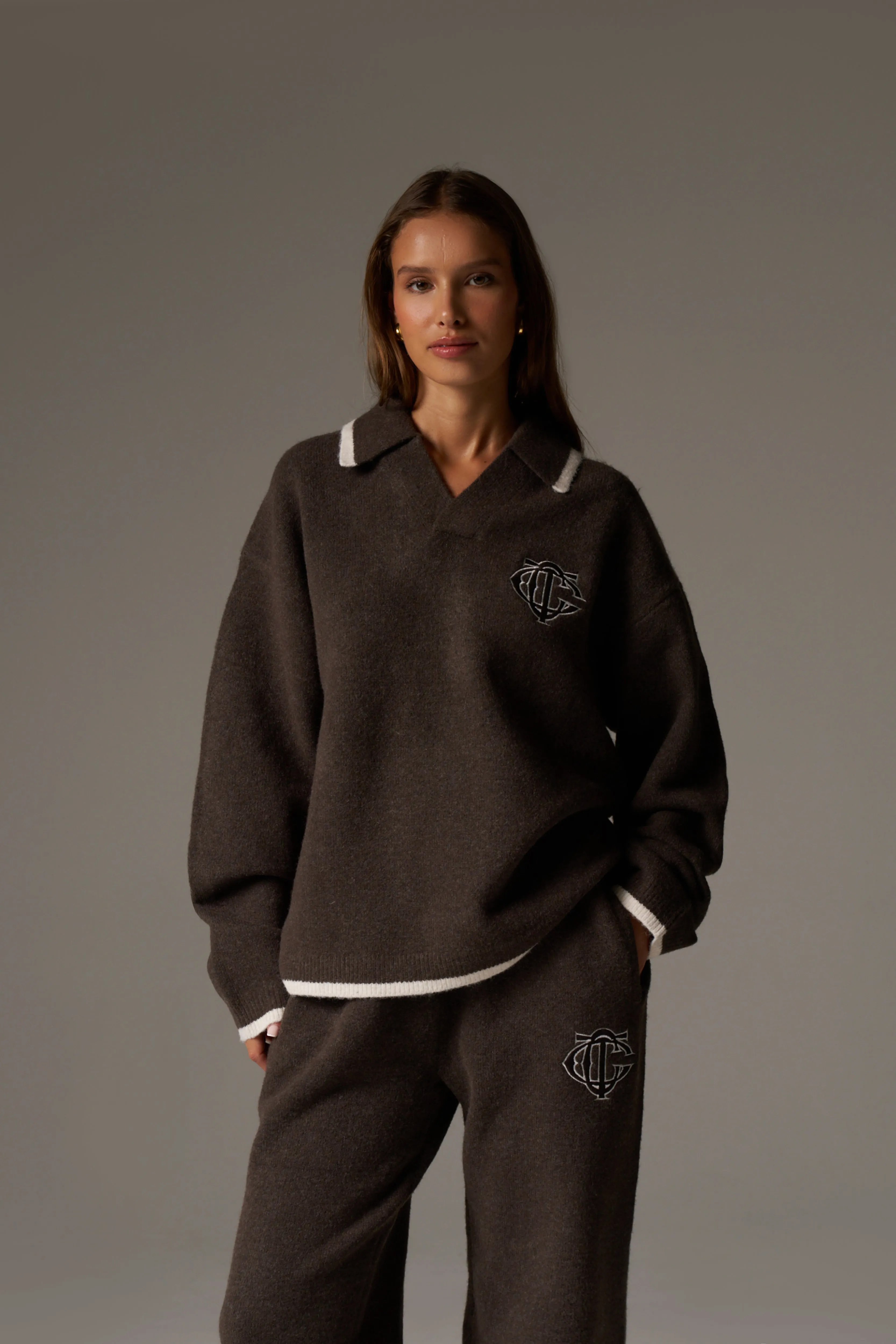 MONOGRAM KNITTED POLO TOP - BROWN sold by The Couture Club product image thumbnail 3