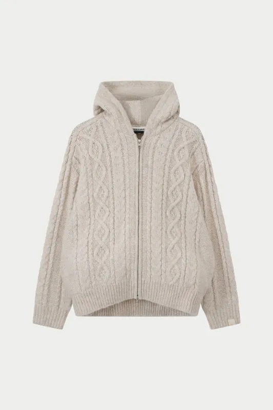 CABLE KNIT ZIP THROUGH HOODIE - STONE sold by The Couture Club