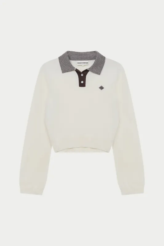 LONG SLEEVE KNITTED COLLAR POLO TOP - CREAM sold by The Couture Club