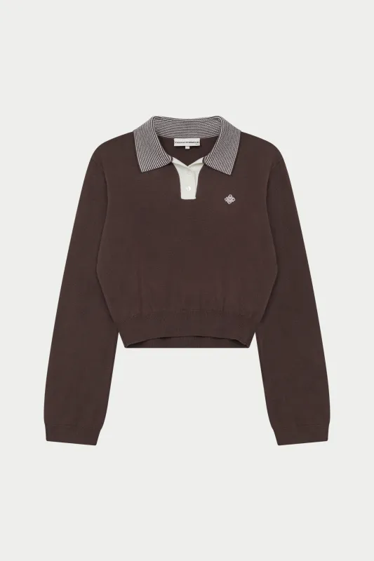LONG SLEEVE KNITTED COLLAR POLO TOP - BROWN sold by The Couture Club