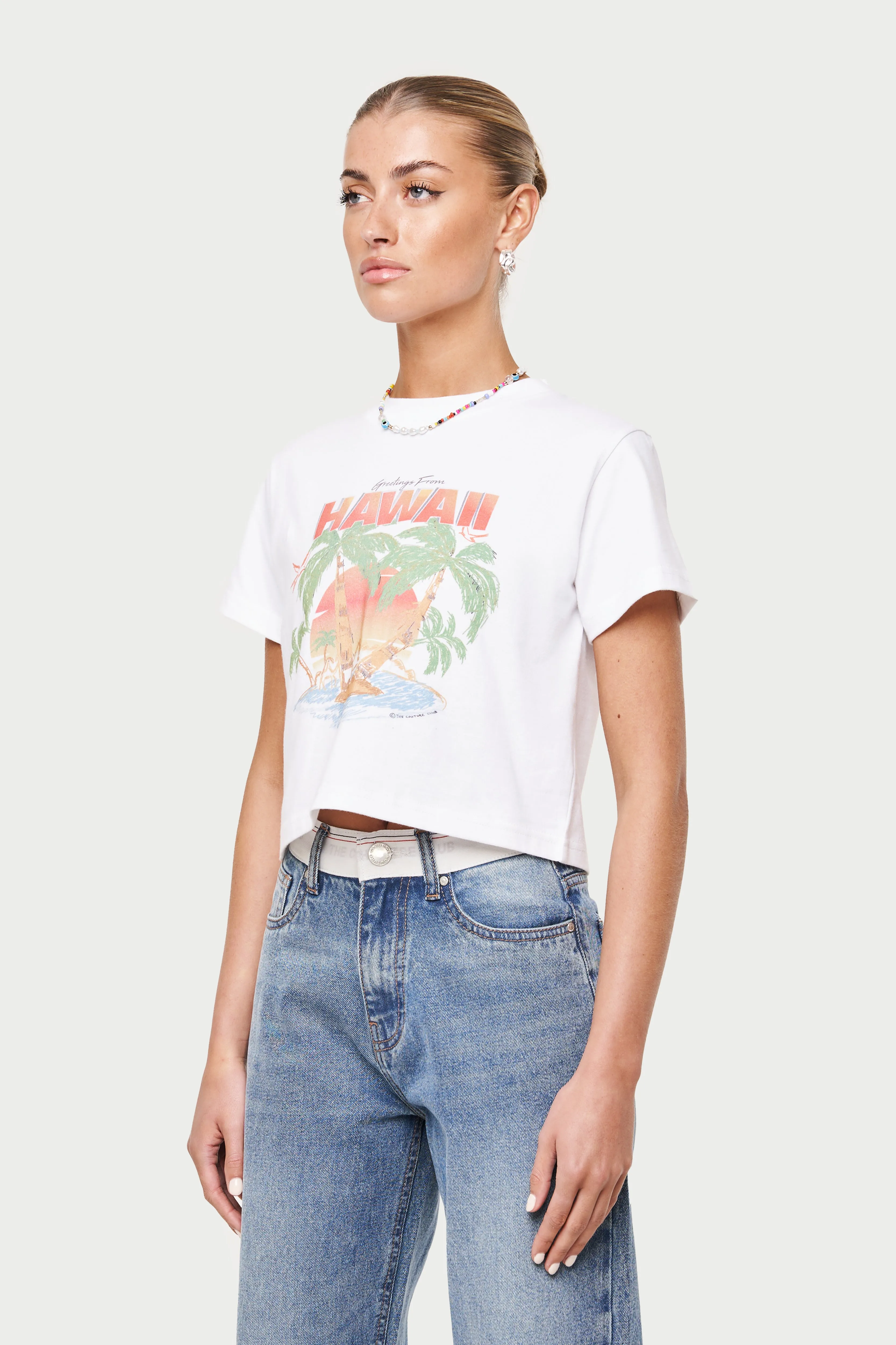 HAWAIIAN PRINT CROPPED T-SHIRT - WHITE sold by The Couture Club product image thumbnail 4
