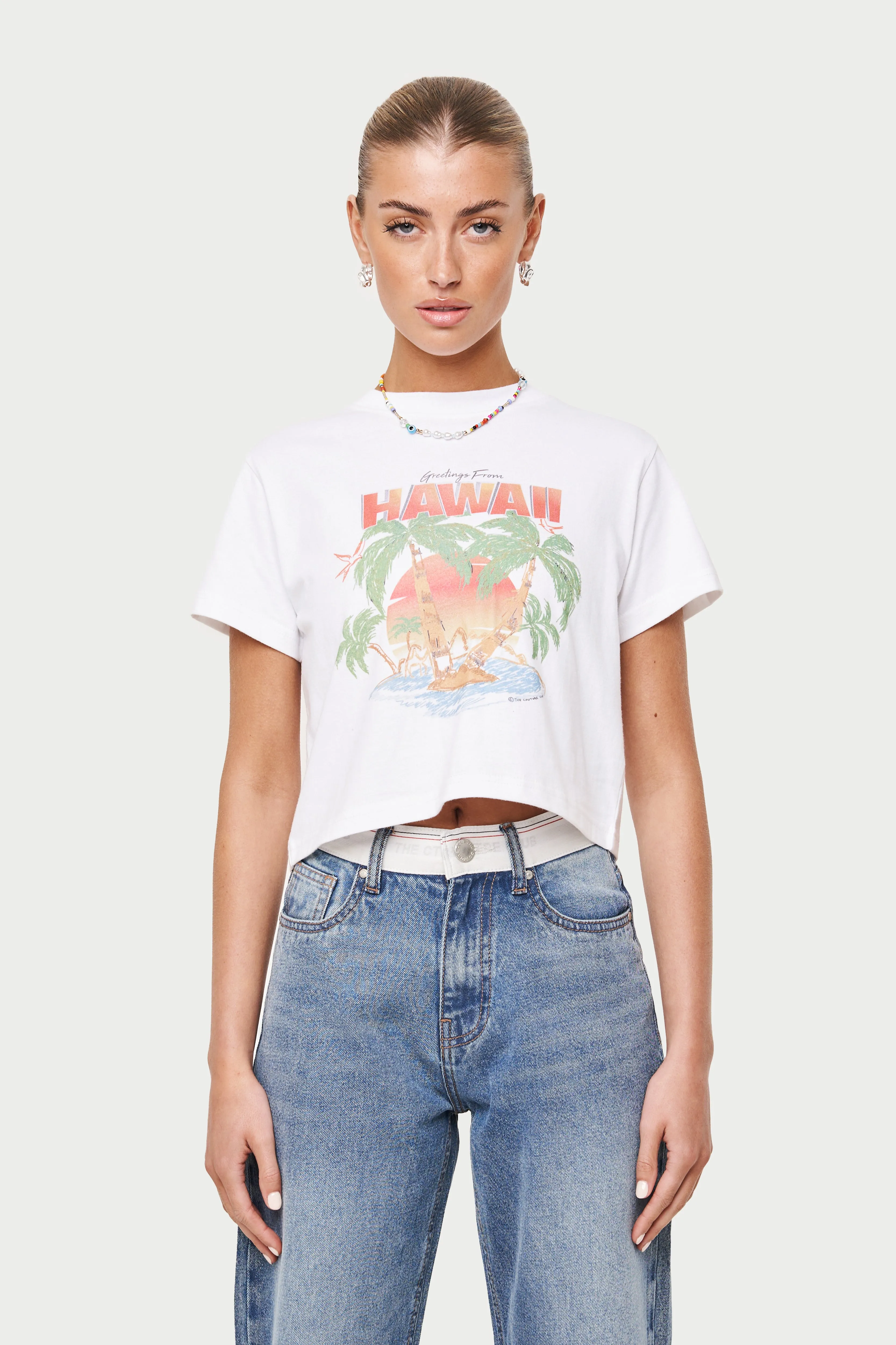 HAWAIIAN PRINT CROPPED T-SHIRT - WHITE sold by The Couture Club product image thumbnail 2