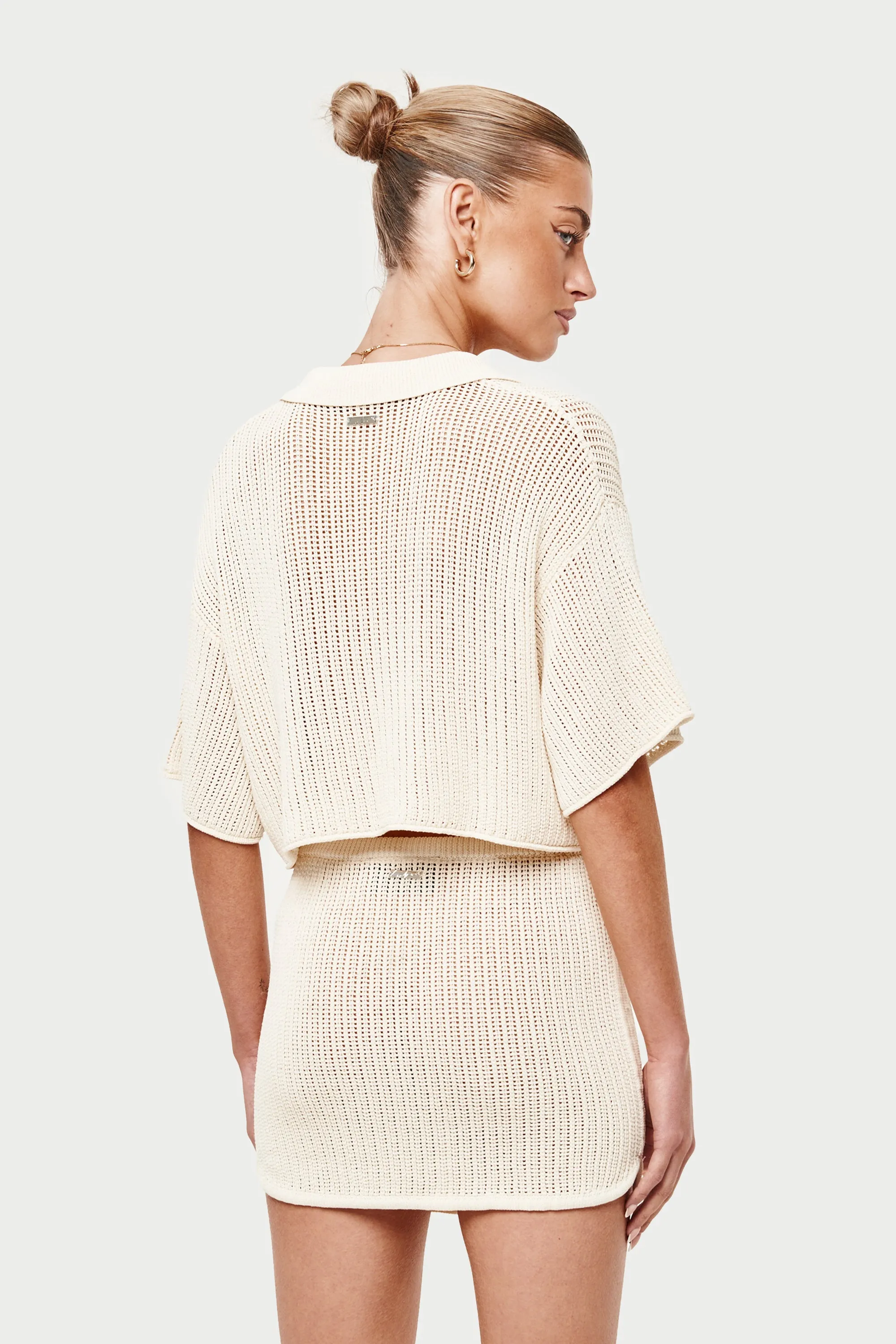 KNITTED CROPPED RESORT SHIRT - OFF WHITE sold by The Couture Club product image thumbnail 4