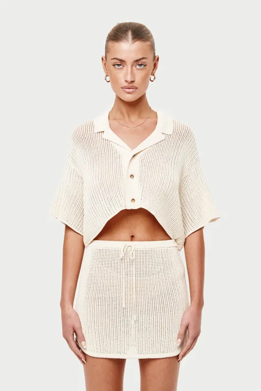 KNITTED CROPPED RESORT SHIRT - OFF WHITE made by The Couture Club