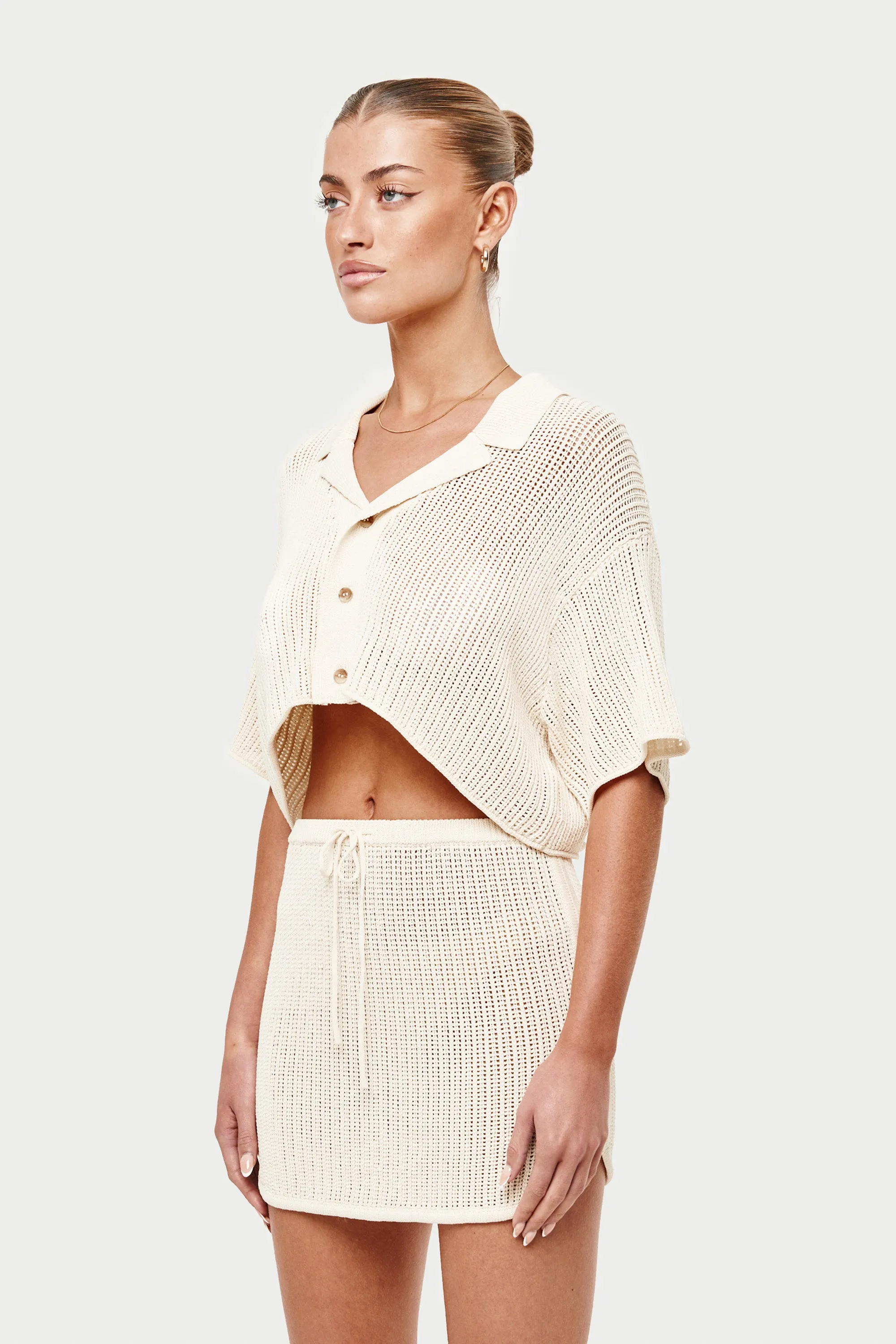 KNITTED CROPPED RESORT SHIRT - OFF WHITE sold by The Couture Club product image thumbnail 3