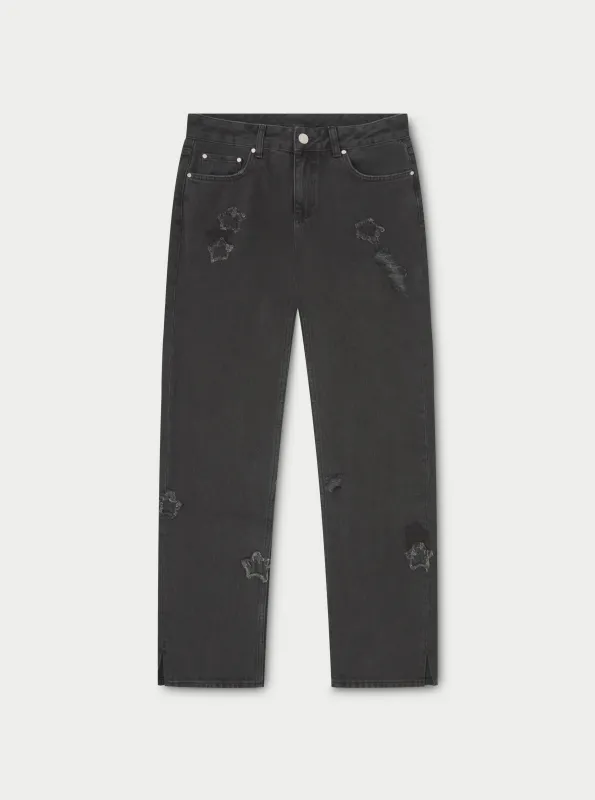 STAR APPLIQUE DENIM JEANS - WASHED BLACK sold by The Couture Club