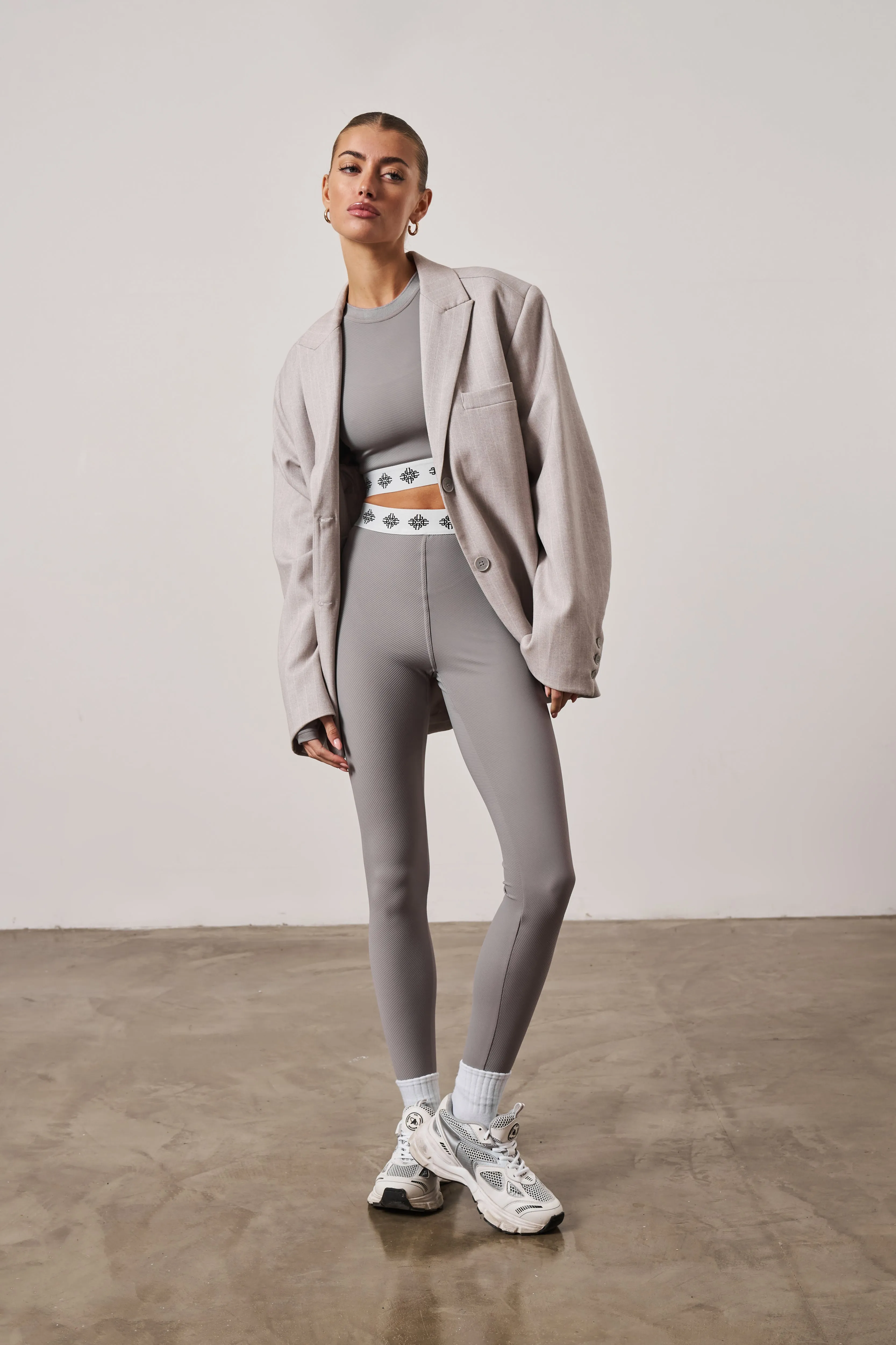 BRANDED WAISTBAND RIBBED LEGGINGS - GREY sold by The Couture Club product image thumbnail 5