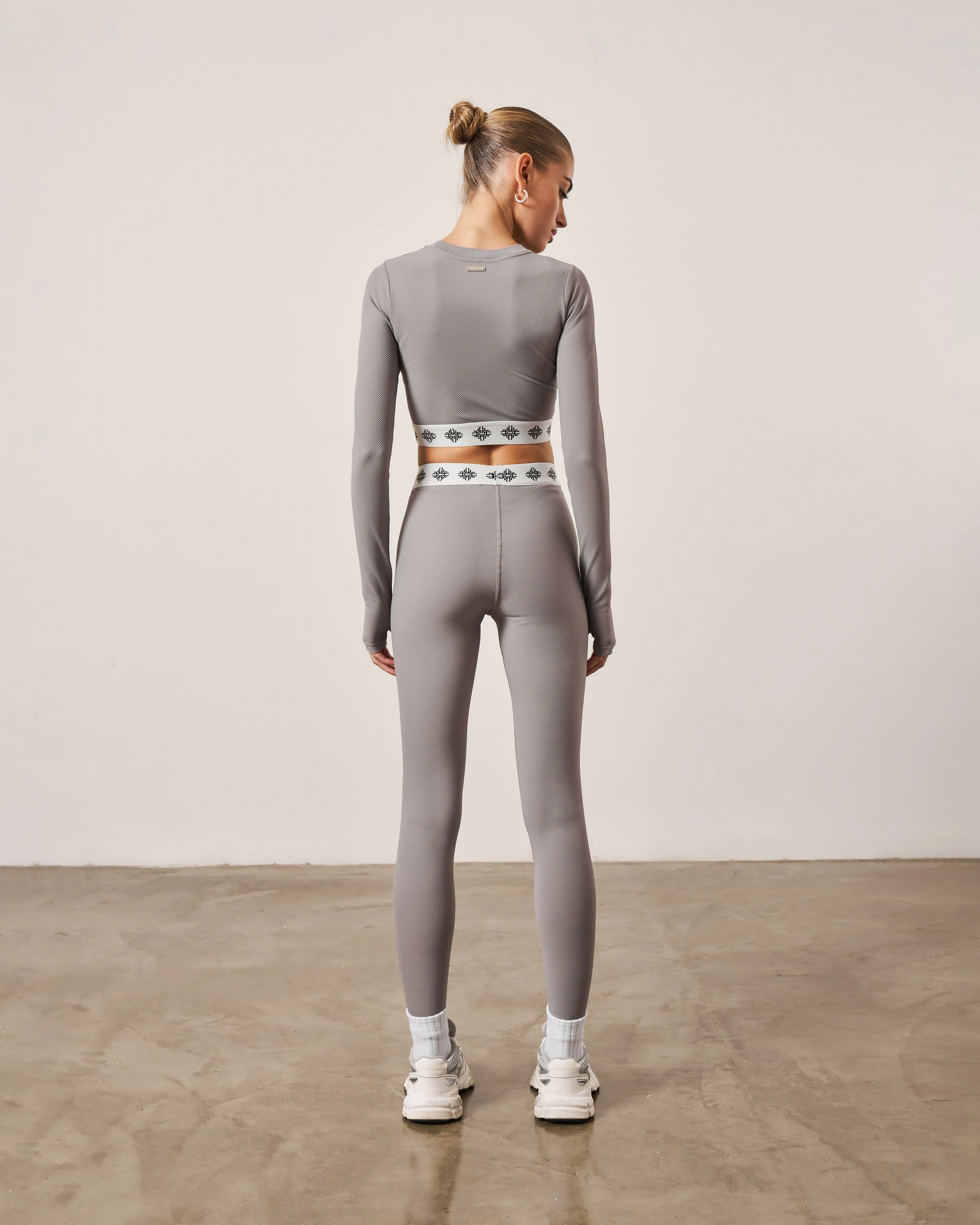 BRANDED WAISTBAND RIBBED LEGGINGS - GREY sold by The Couture Club product image thumbnail 4