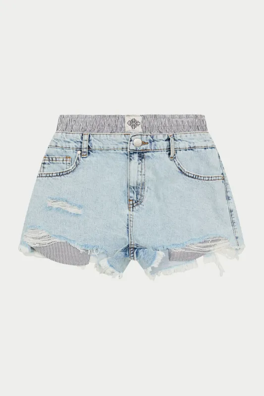 DOUBLE LAYER BOXER DENIM SHORTS - BLUE WASH sold by The Couture Club