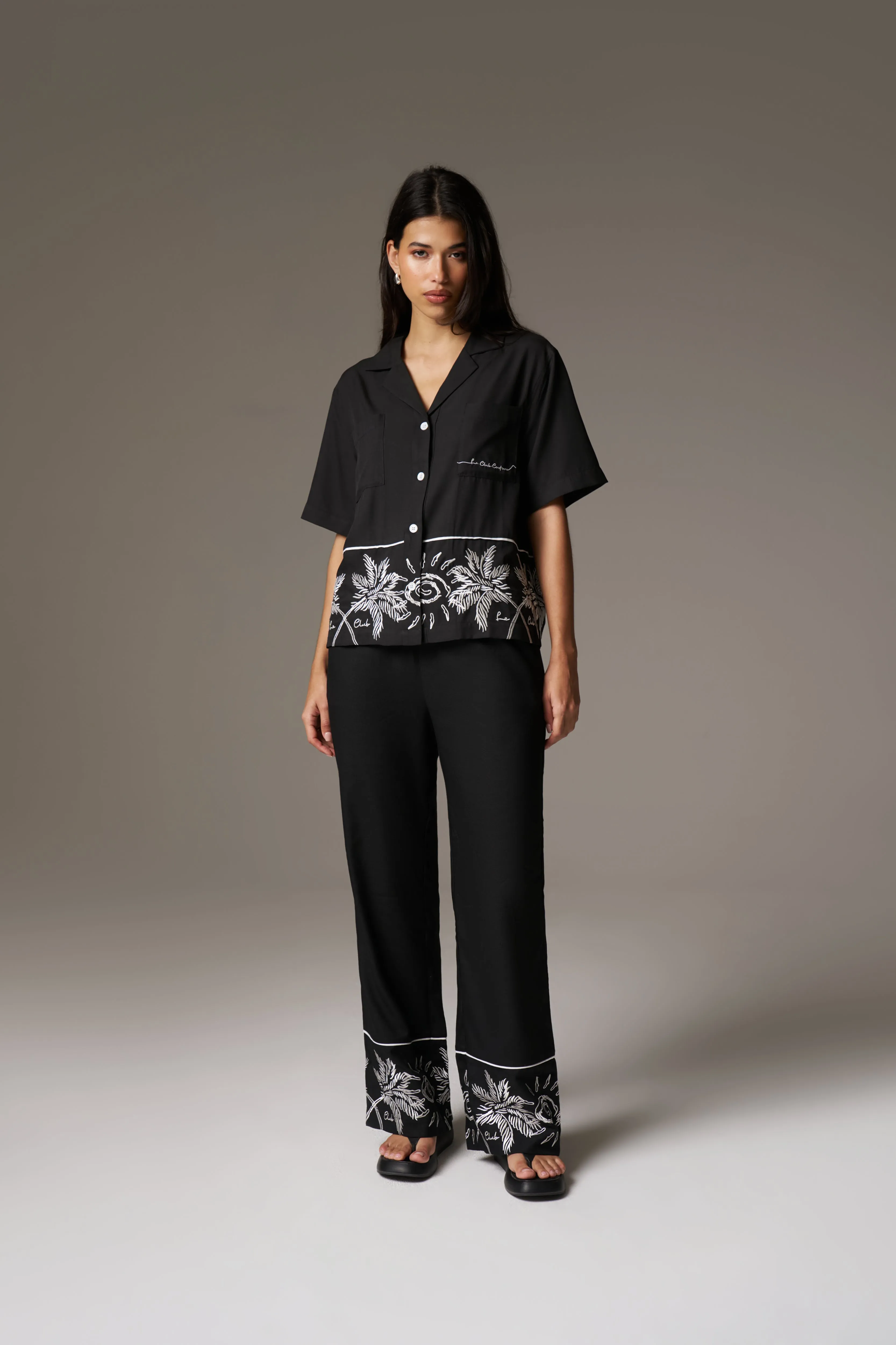 PALM EMBROIDERY WIDE LEG TROUSERS - BLACK sold by The Couture Club product image thumbnail 3