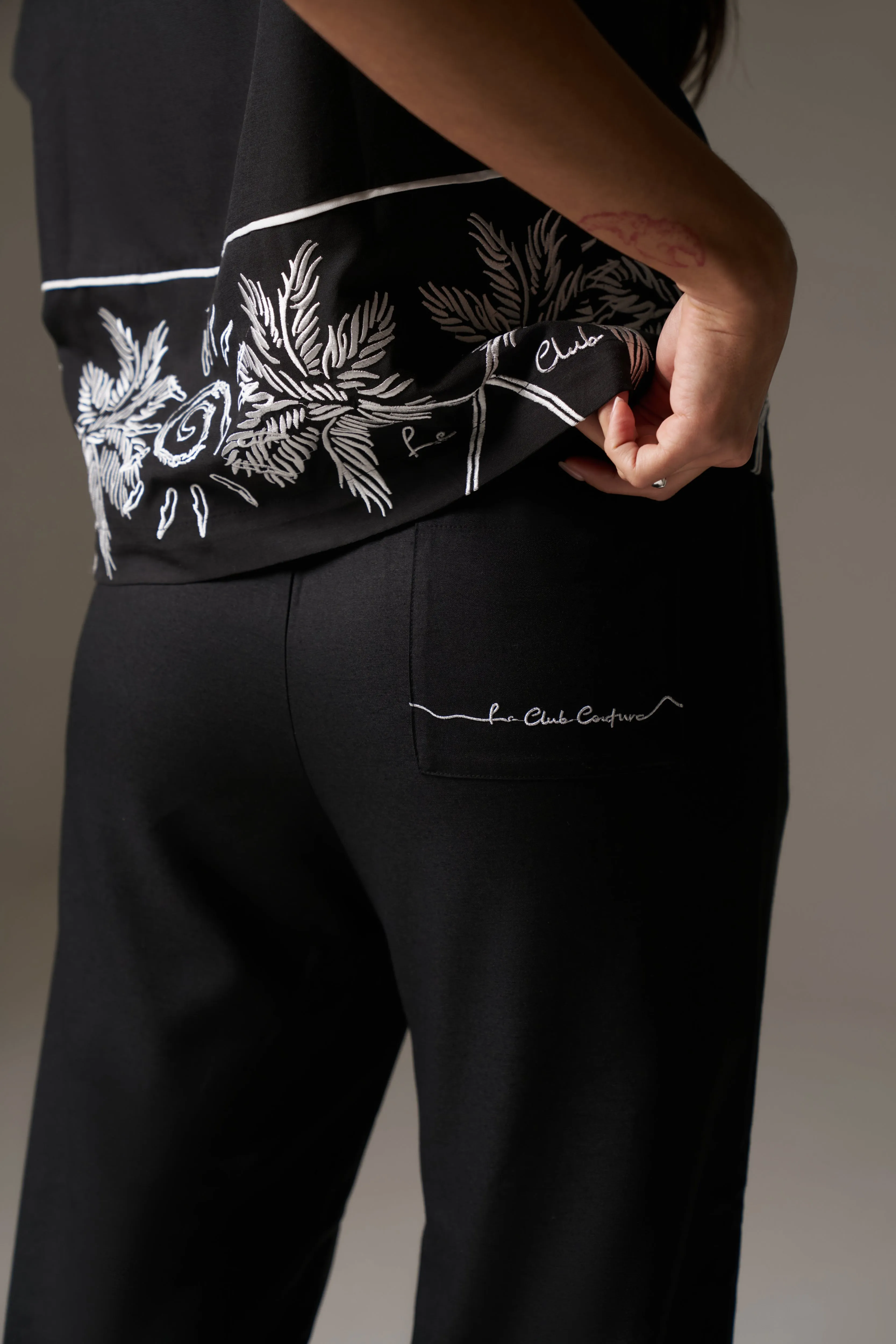 PALM EMBROIDERY WIDE LEG TROUSERS - BLACK sold by The Couture Club product image thumbnail 5