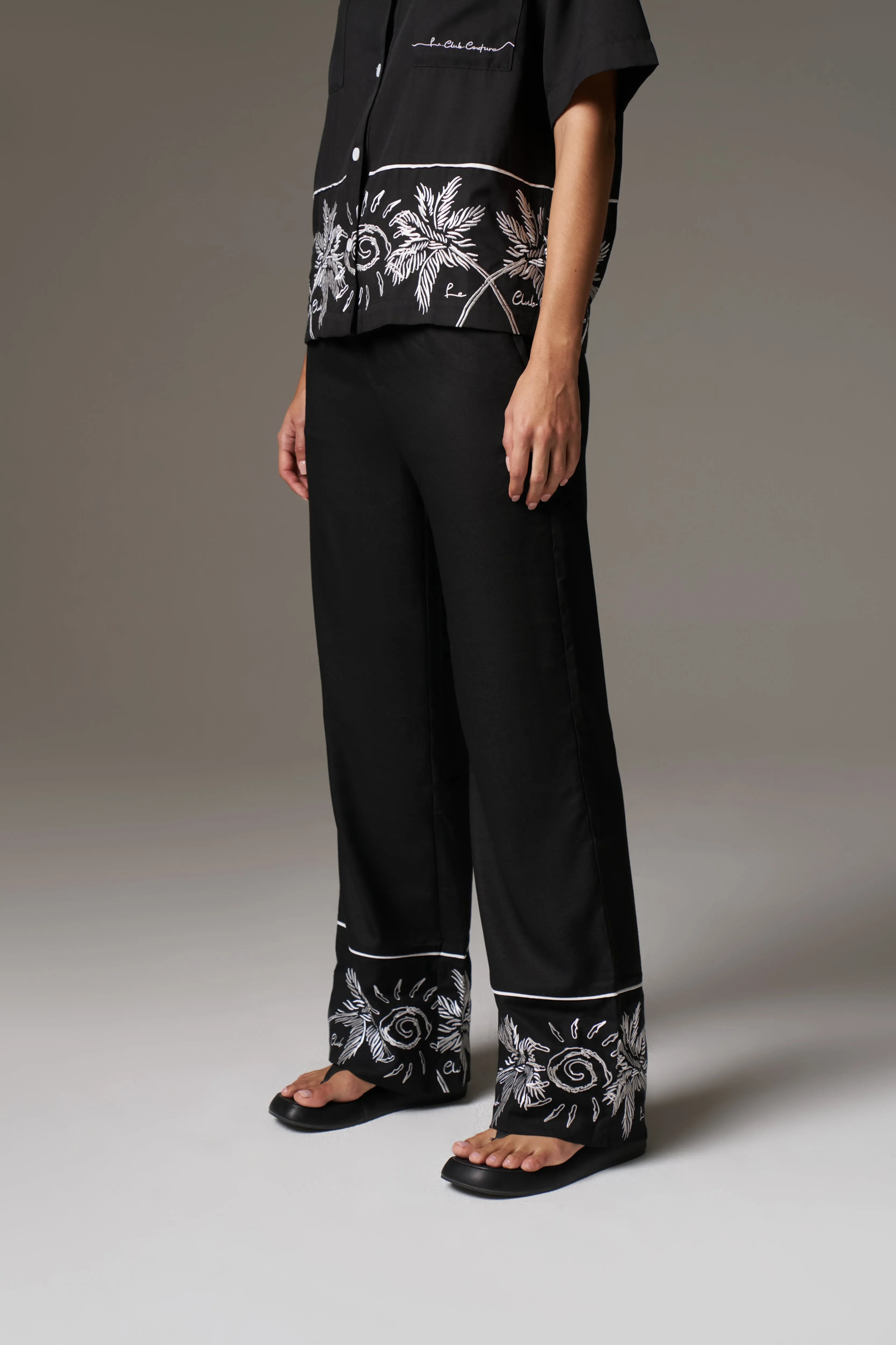 PALM EMBROIDERY WIDE LEG TROUSERS - BLACK sold by The Couture Club product image thumbnail 4