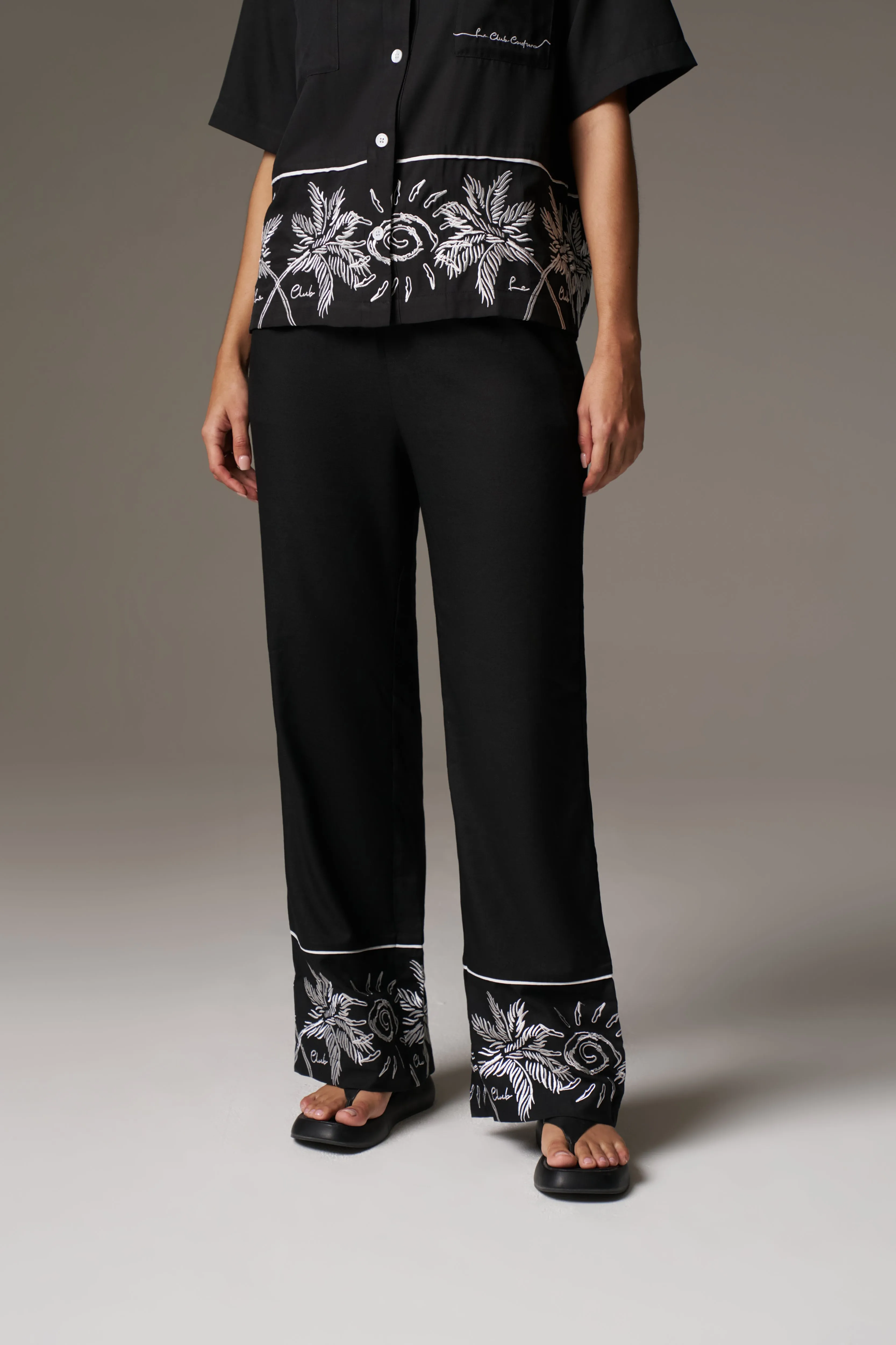 PALM EMBROIDERY WIDE LEG TROUSERS - BLACK sold by The Couture Club product image thumbnail 2