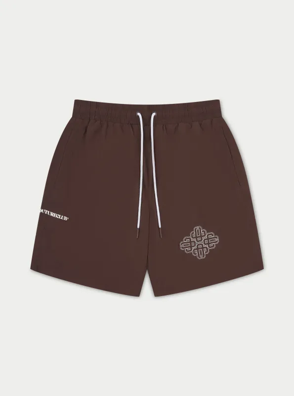 COPYRIGHT EMBLEM MID LENGTH SWIM SHORTS - BROWN sold by The Couture Club