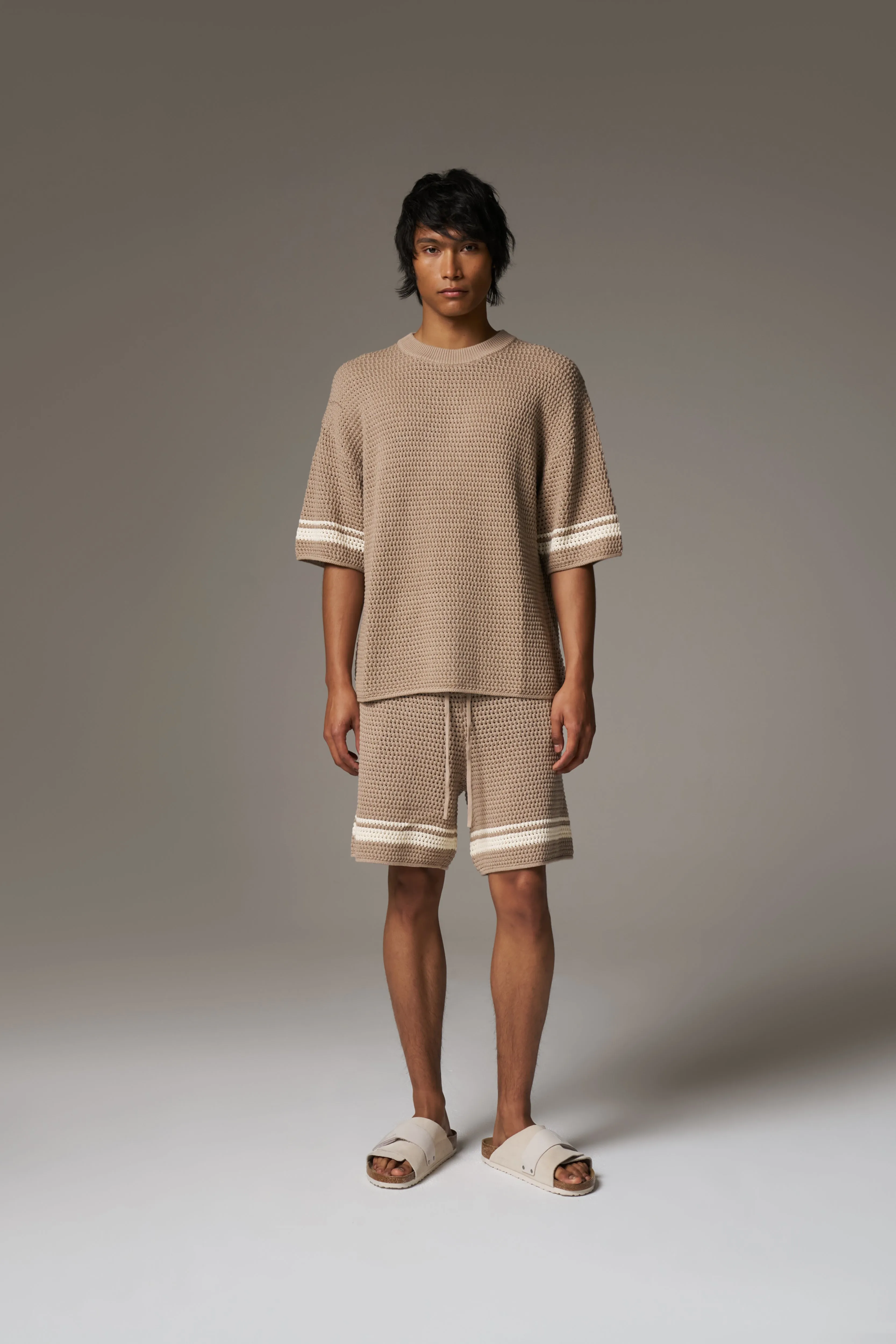 CROCHET KNITTED CONTRAST STRIPE T-SHIRT - BROWN sold by The Couture Club product image thumbnail 3