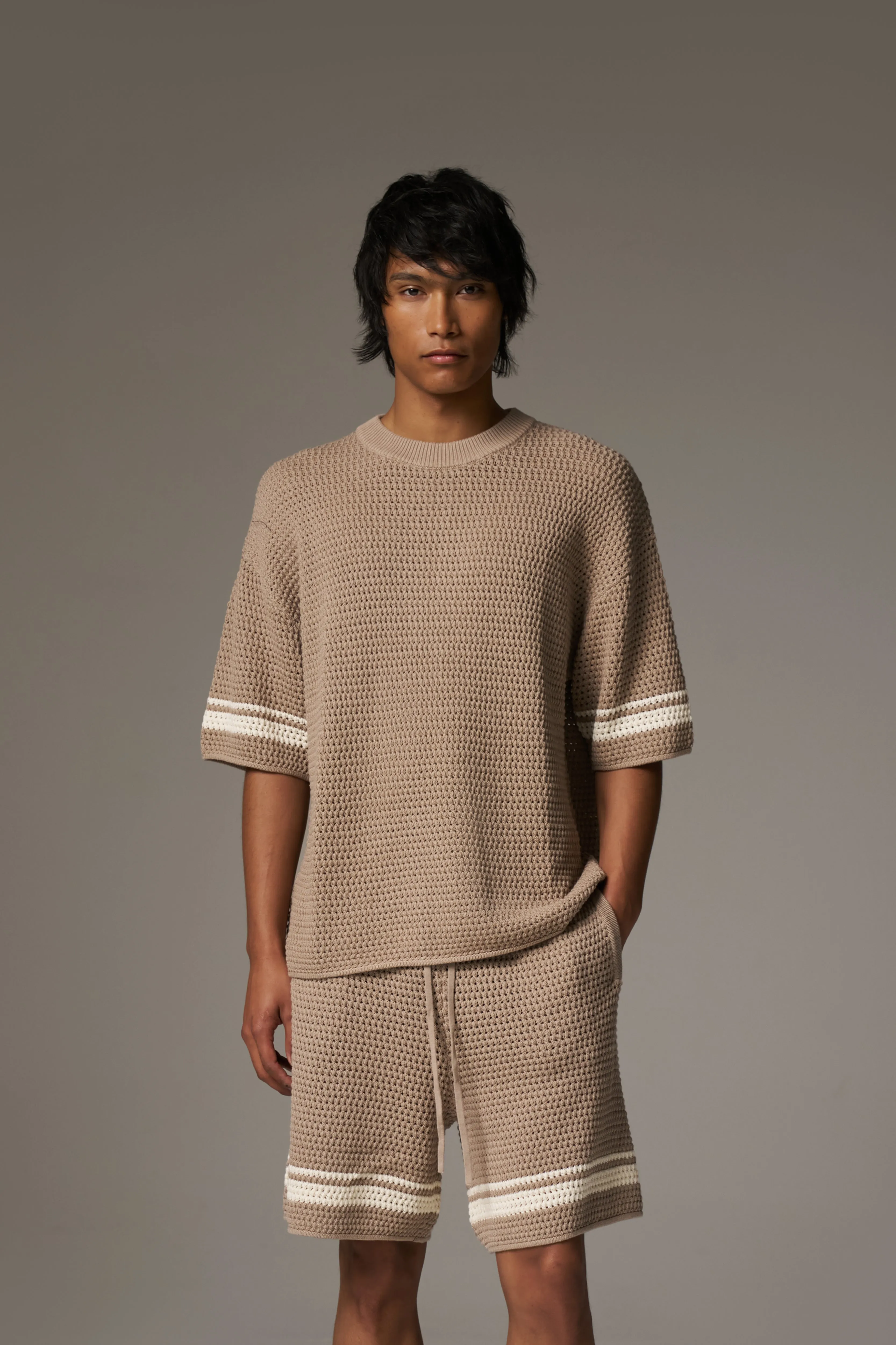 CROCHET KNITTED CONTRAST STRIPE T-SHIRT - BROWN sold by The Couture Club product image thumbnail 2