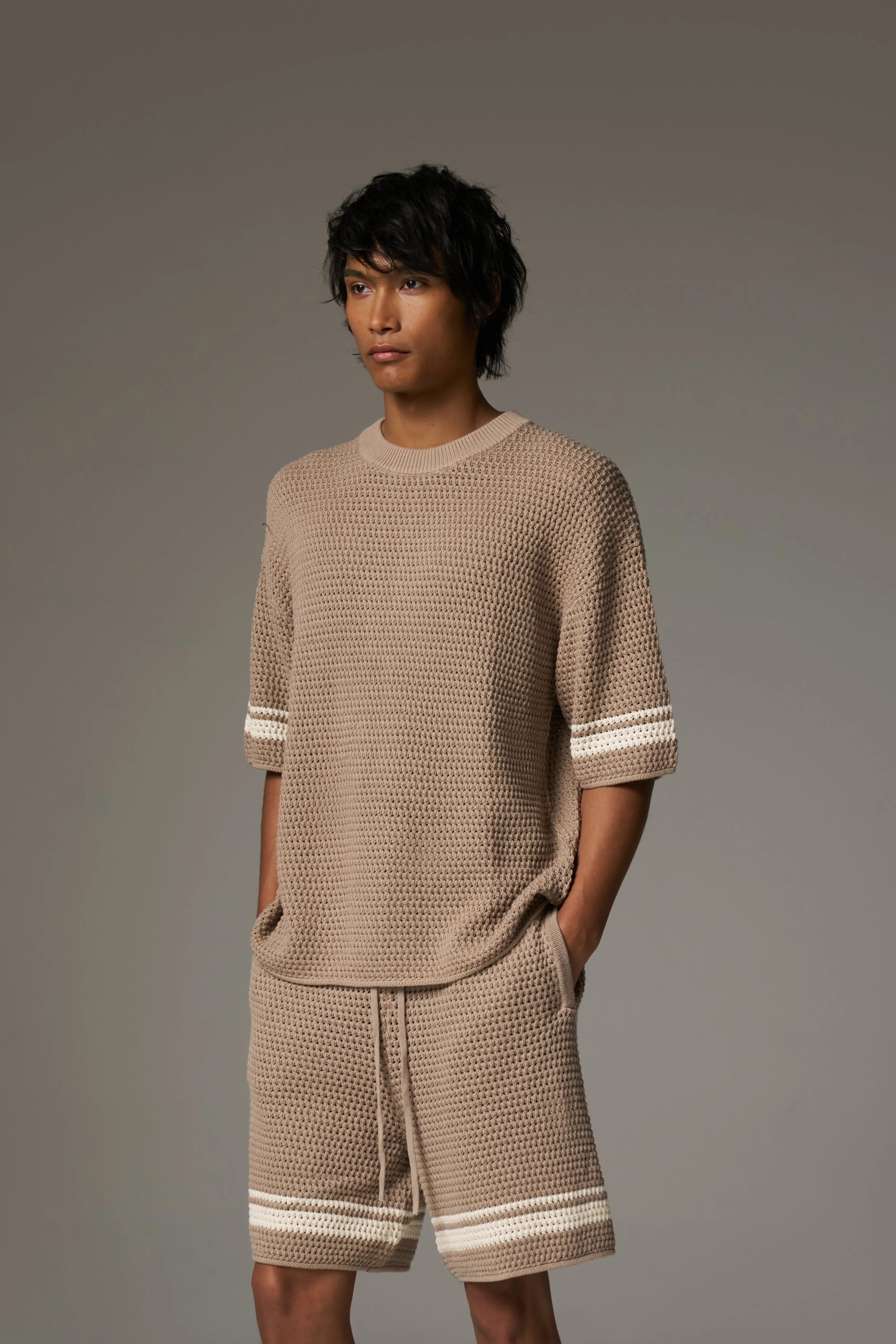 CROCHET KNITTED CONTRAST STRIPE T-SHIRT - BROWN sold by The Couture Club product image thumbnail 4