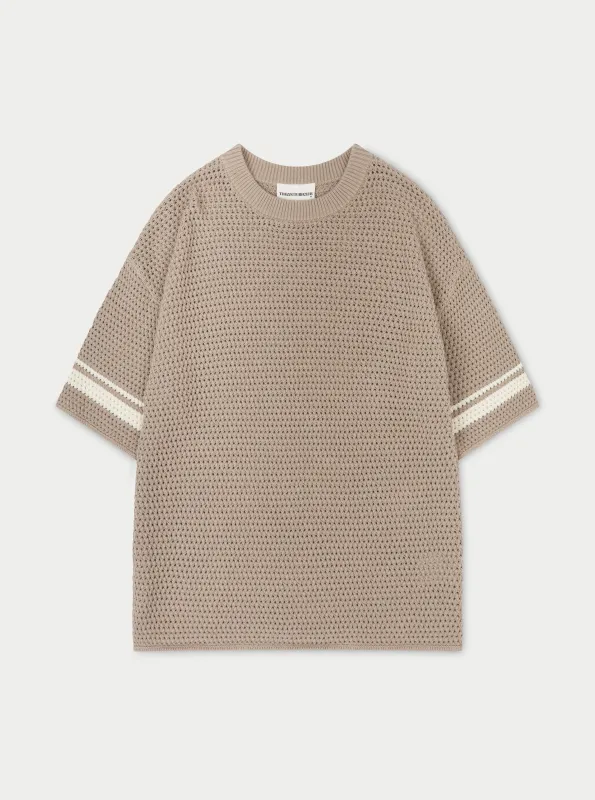 CROCHET KNITTED CONTRAST STRIPE T-SHIRT - BROWN sold by The Couture Club