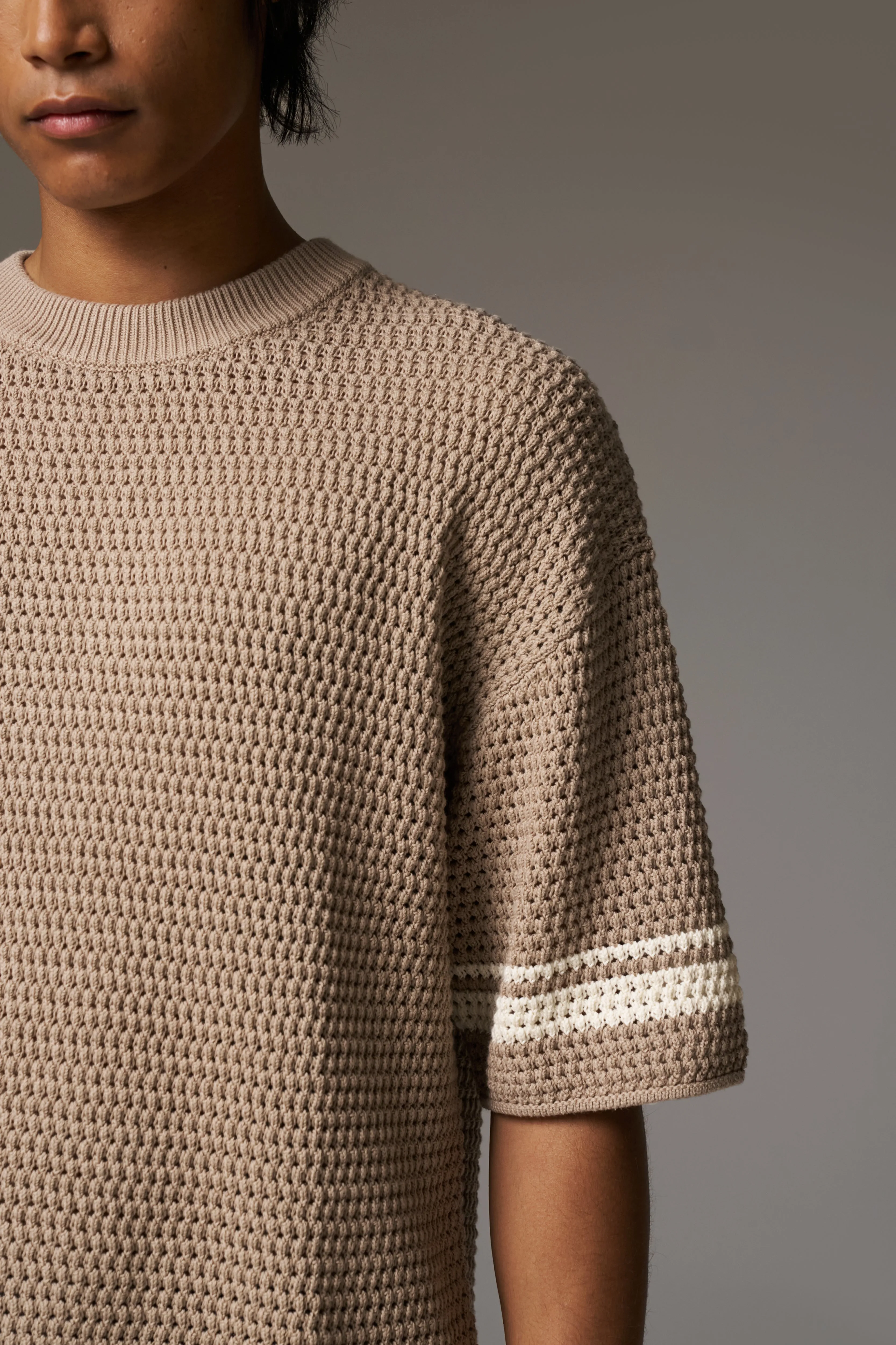 CROCHET KNITTED CONTRAST STRIPE T-SHIRT - BROWN sold by The Couture Club product image thumbnail 5