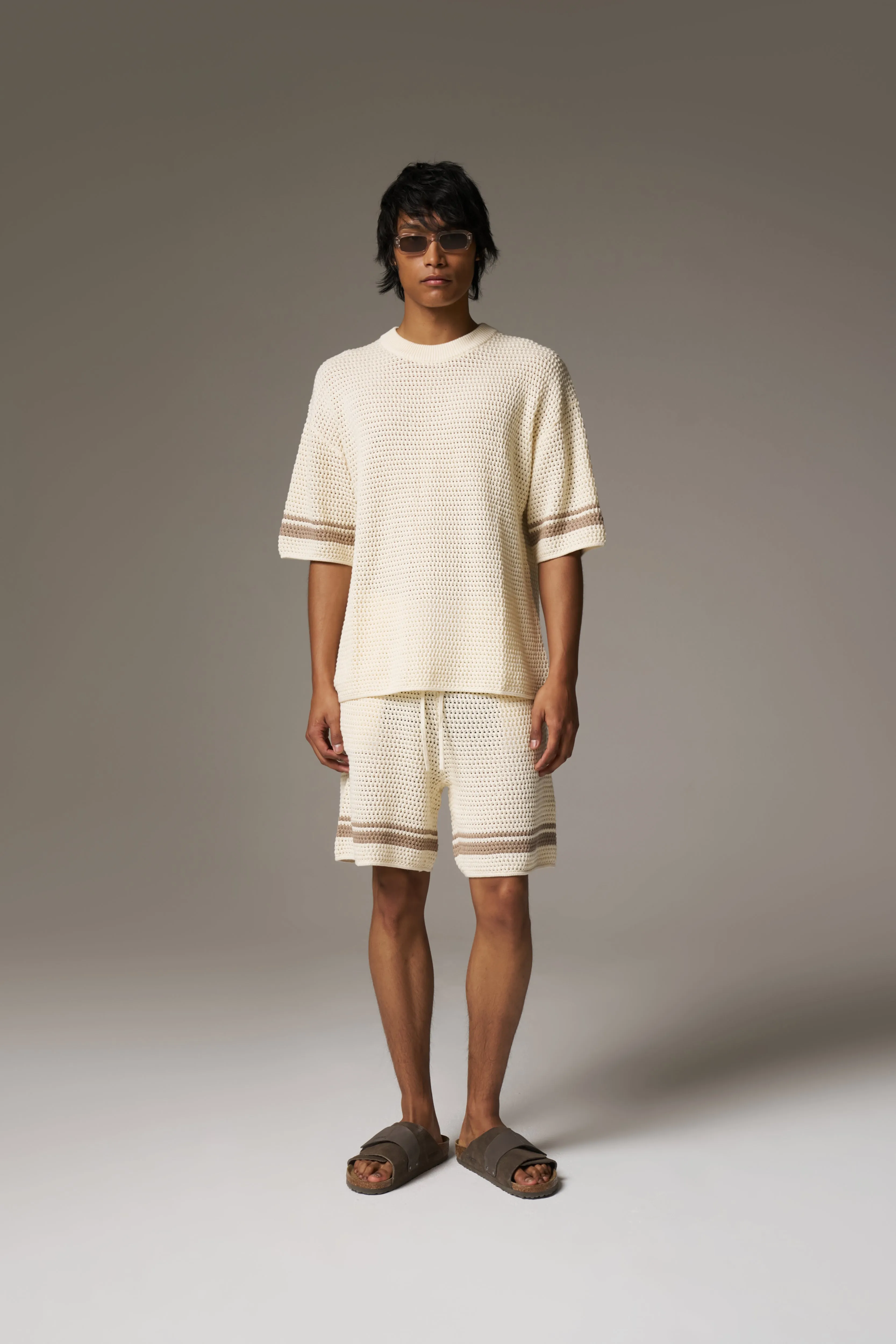 CROCHET KNITTED CONTRAST STRIPE T-SHIRT - OFF WHITE sold by The Couture Club product image thumbnail 3