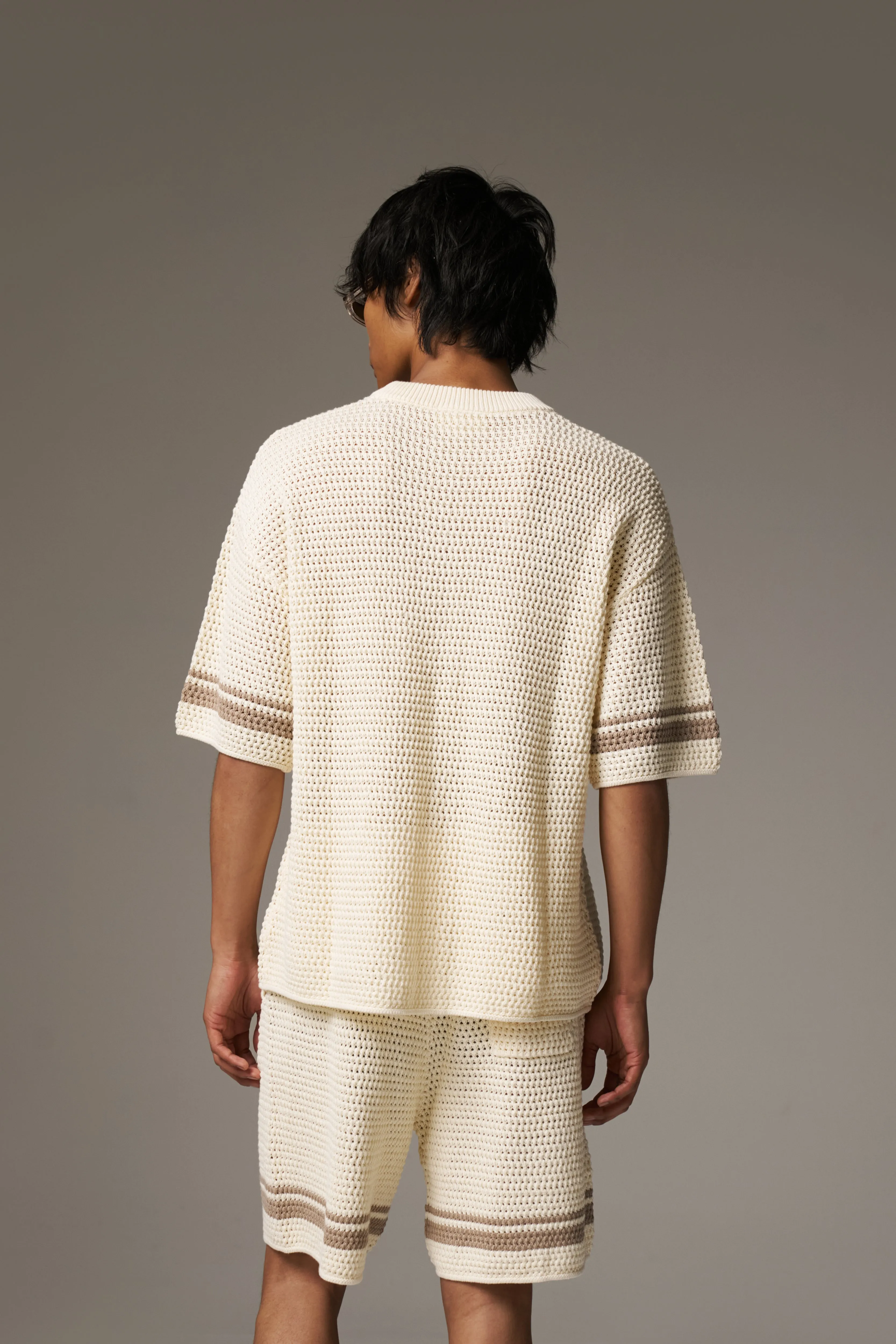 CROCHET KNITTED CONTRAST STRIPE T-SHIRT - OFF WHITE sold by The Couture Club product image thumbnail 5