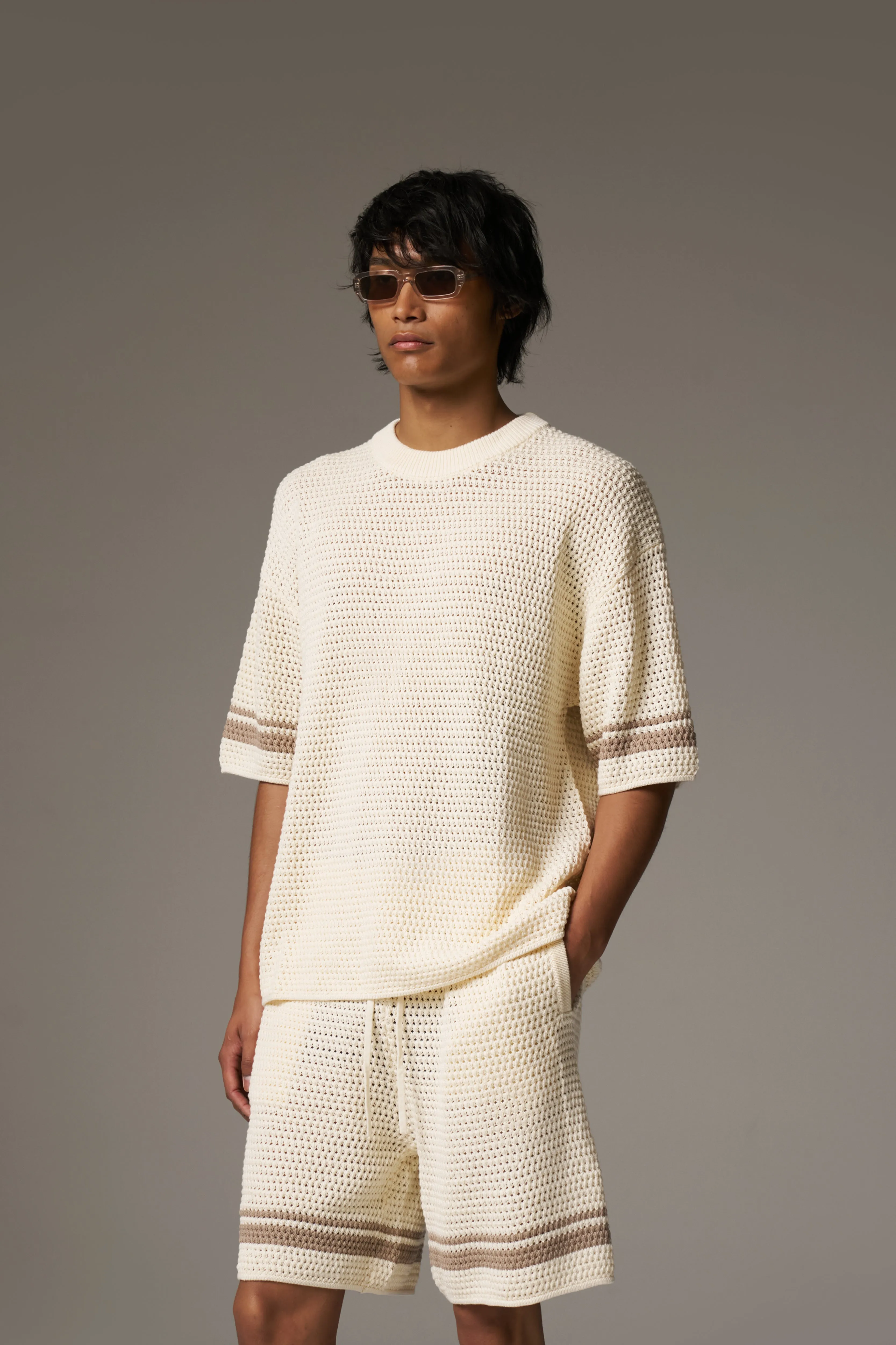 CROCHET KNITTED CONTRAST STRIPE T-SHIRT - OFF WHITE sold by The Couture Club product image thumbnail 2