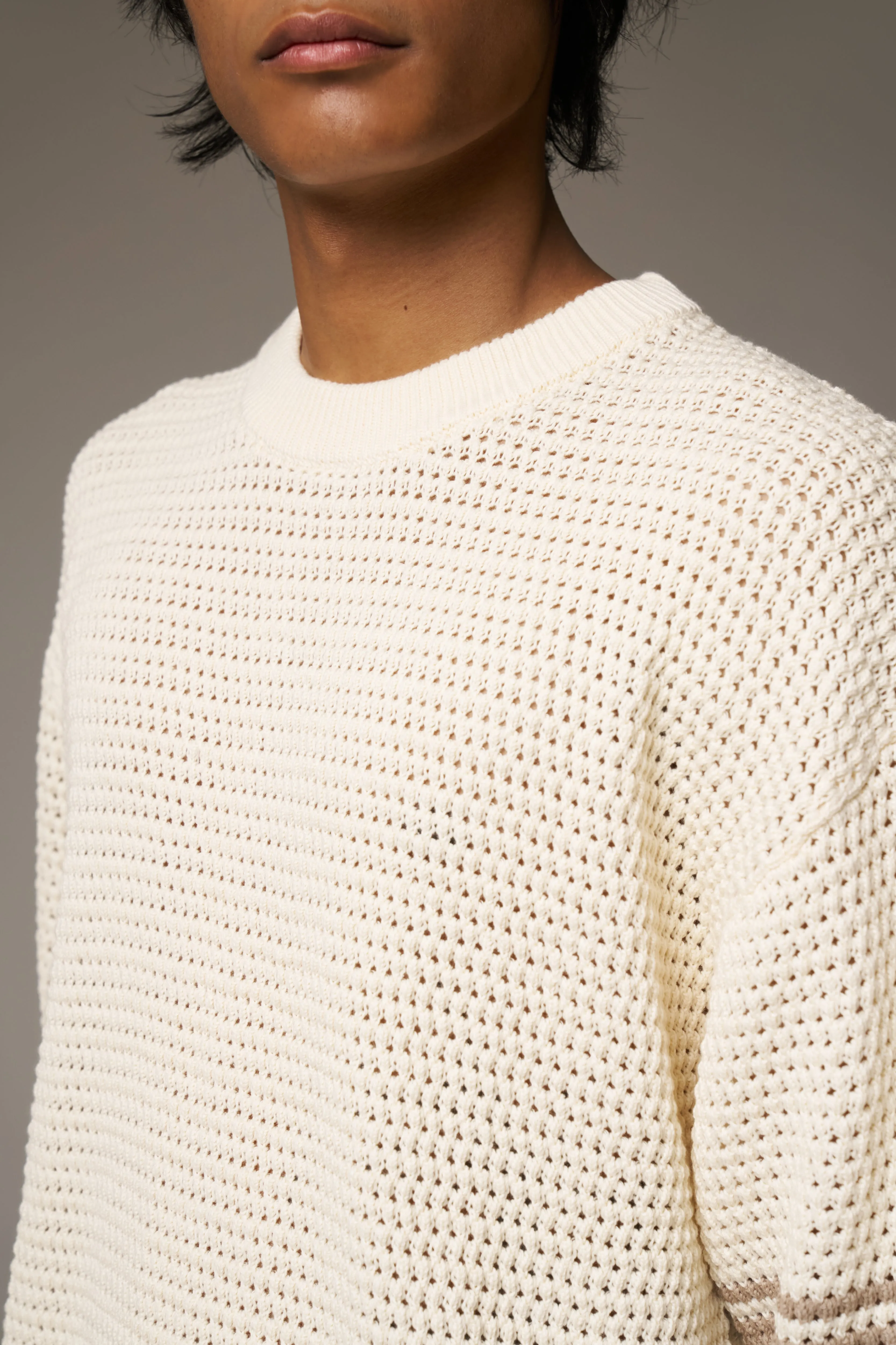 CROCHET KNITTED CONTRAST STRIPE T-SHIRT - OFF WHITE sold by The Couture Club product image thumbnail 4