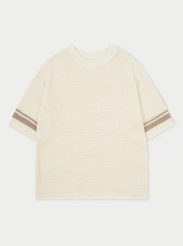 CROCHET KNITTED CONTRAST STRIPE T-SHIRT - OFF WHITE sold by The Couture Club