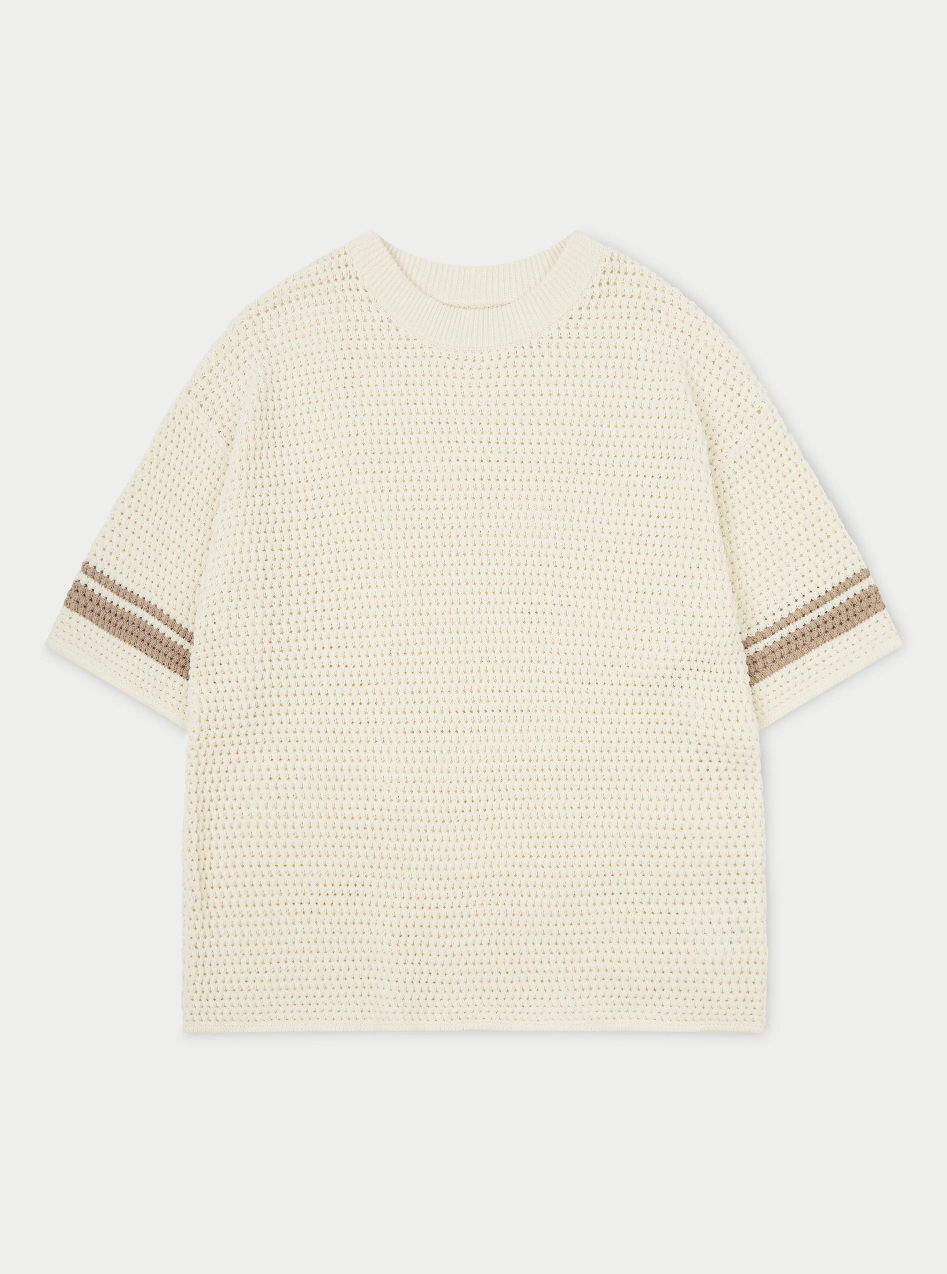 CROCHET KNITTED CONTRAST STRIPE T-SHIRT - OFF WHITE sold by The Couture Club