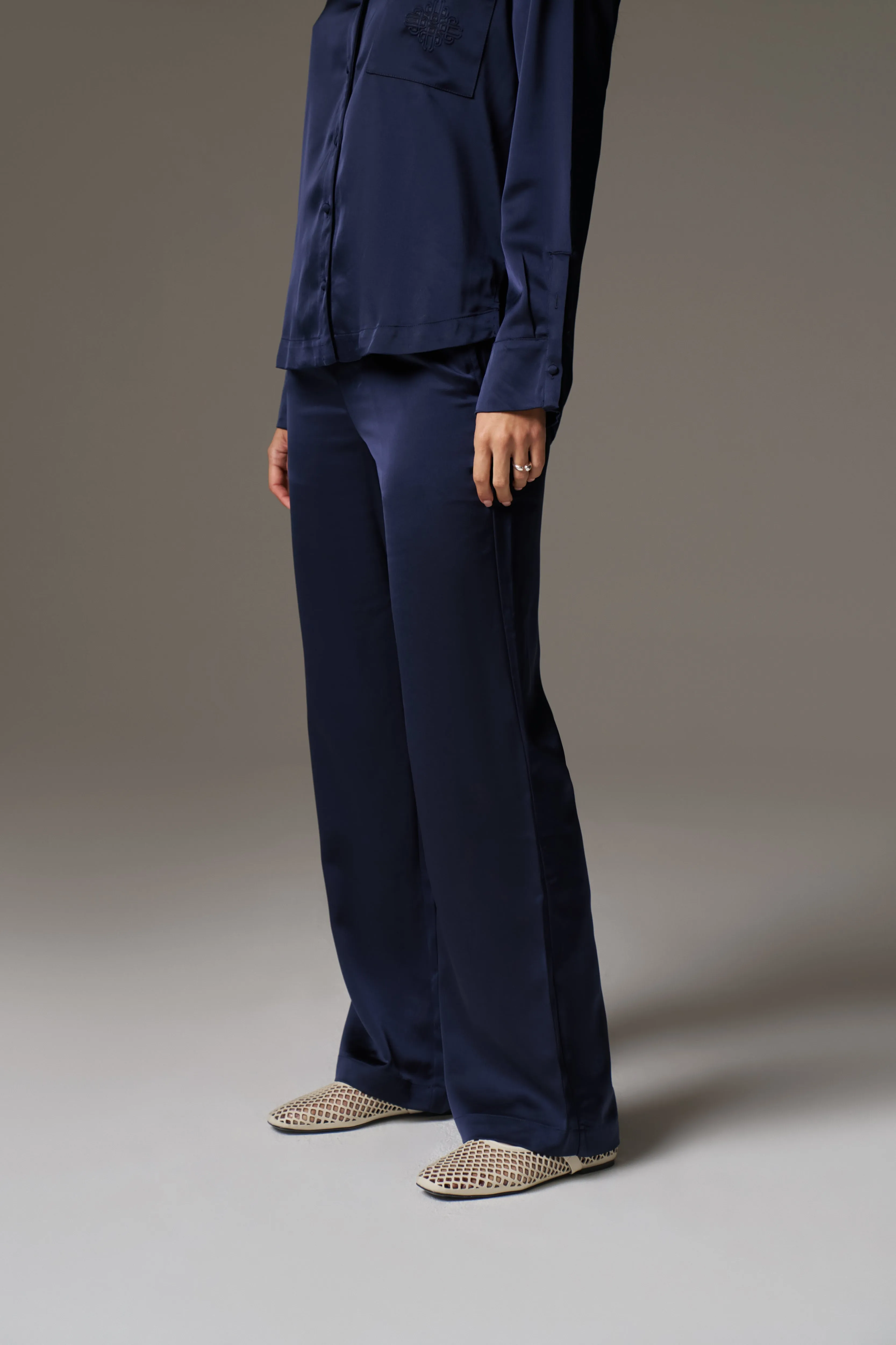 SATIN EMBLEM TROUSERS - NAVY sold by The Couture Club product image thumbnail 4
