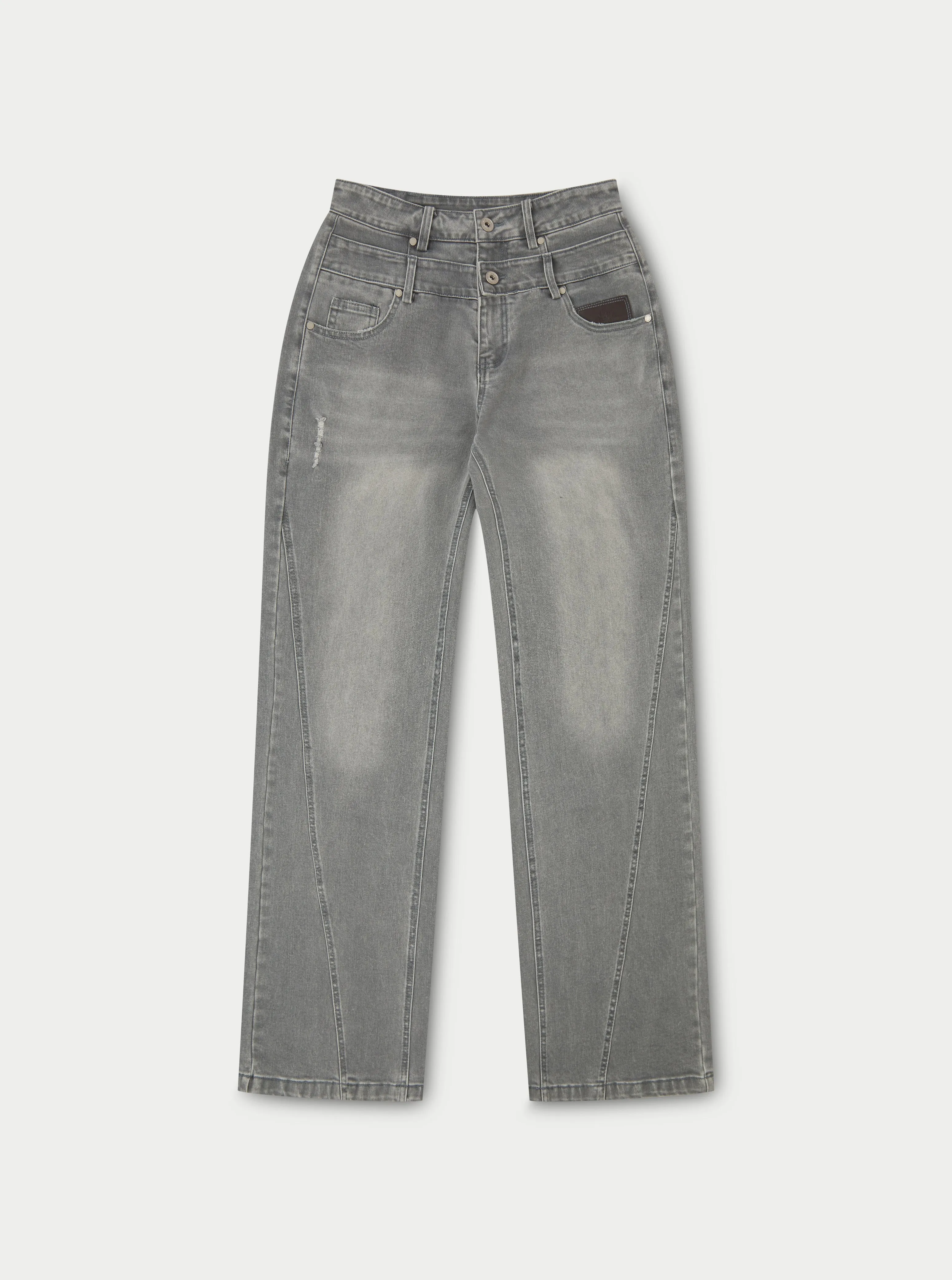 DISTRESSED DOUBLE WAISTBAND JEANS - GREY WASH sold by The Couture Club
