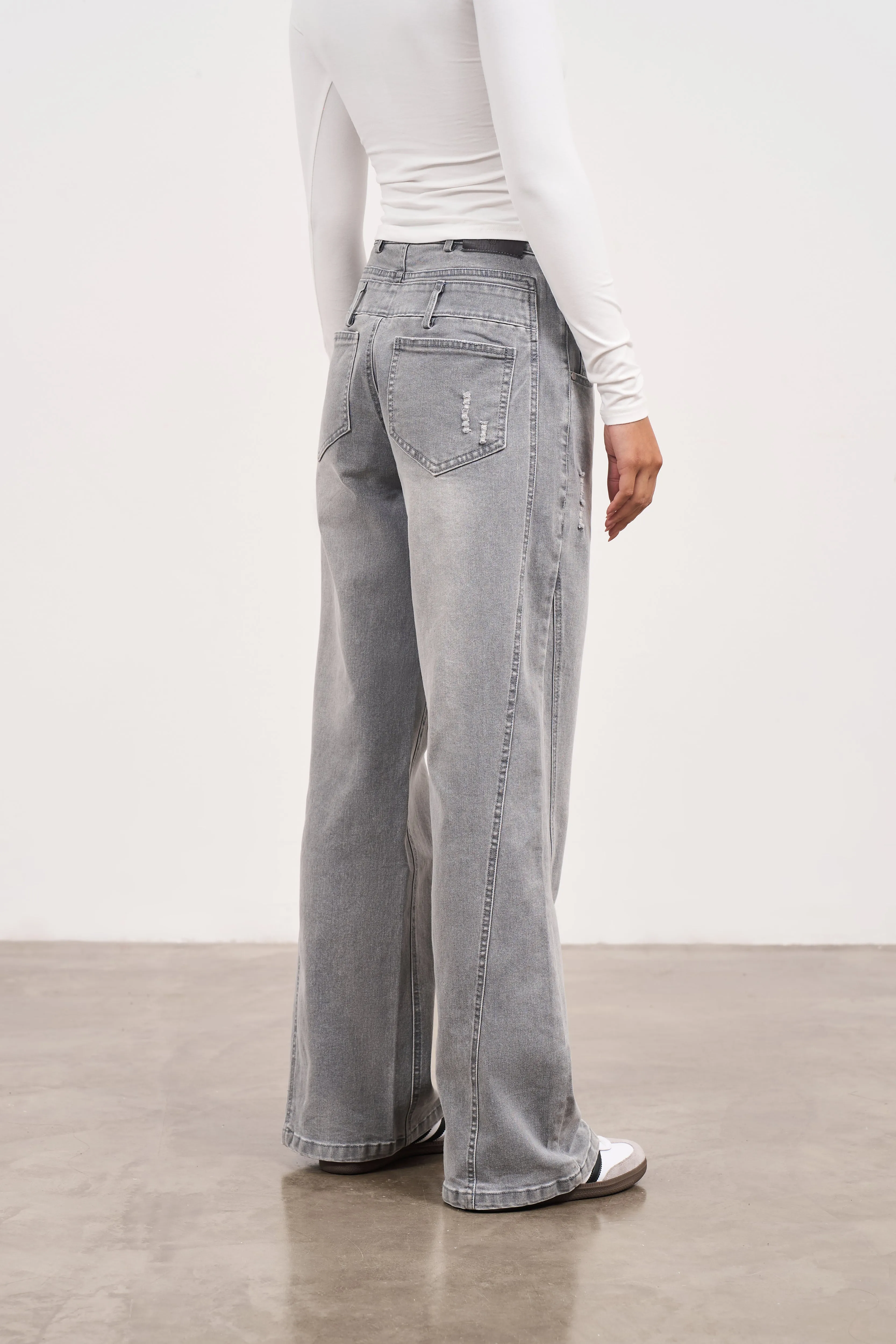 DISTRESSED DOUBLE WAISTBAND JEANS - GREY WASH sold by The Couture Club product image thumbnail 5
