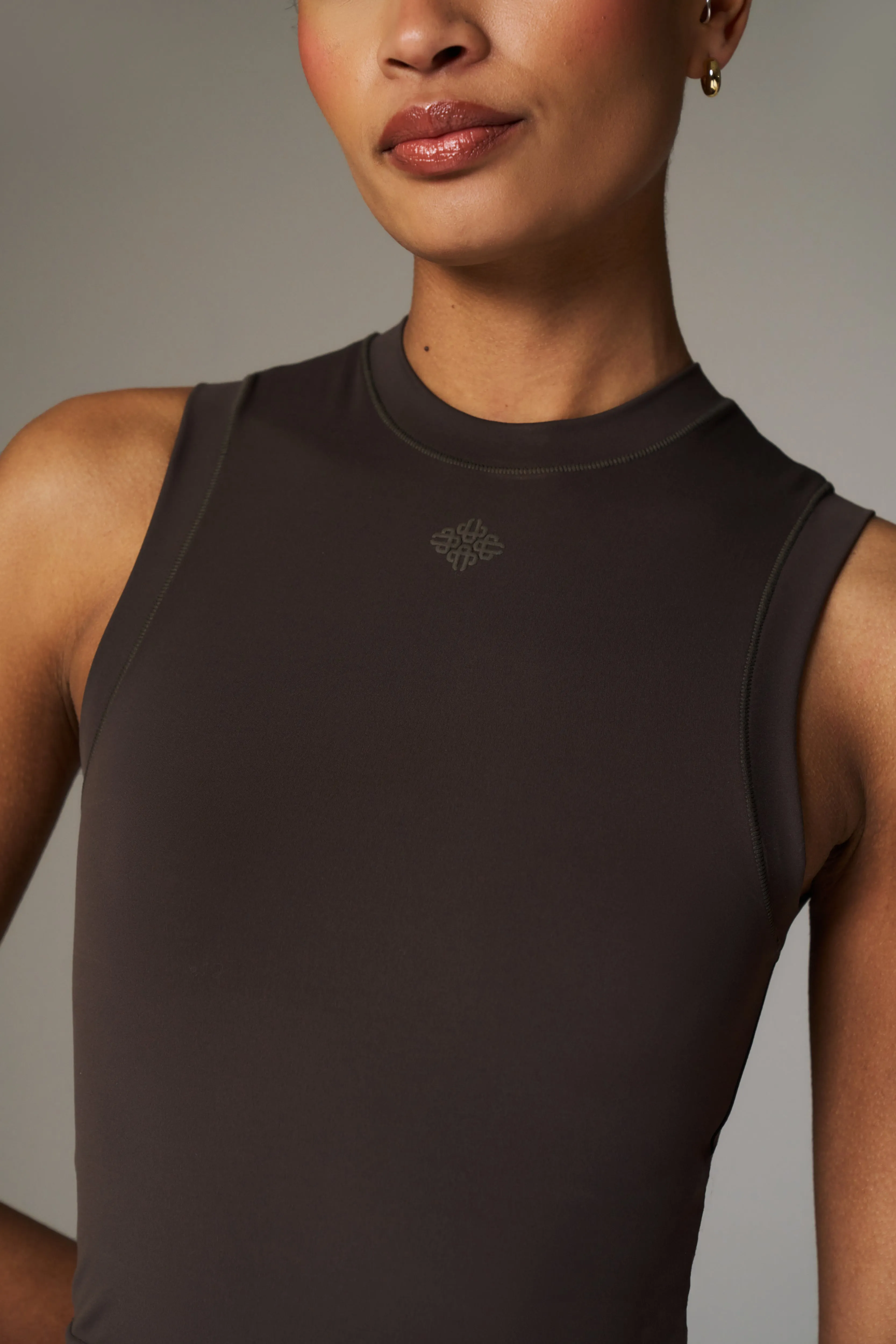 SCULPTING STRETCH HIGH NECK EMBLEM RACER - CHOCOLATE sold by The Couture Club product image thumbnail 3