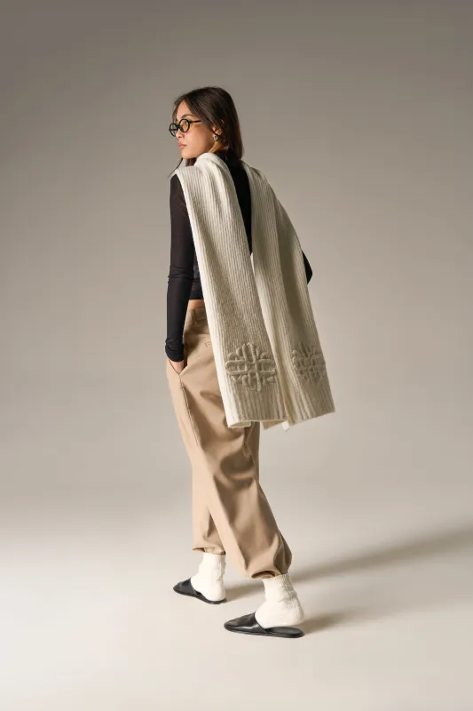 EMBLEM KNITTED SCARF - OFF WHITE sold by The Couture Club