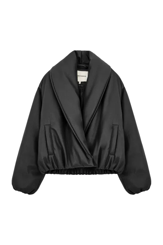OVERSIZED COLLAR FAUX LEATHER PUFFER COAT - BLACK sold by The Couture Club