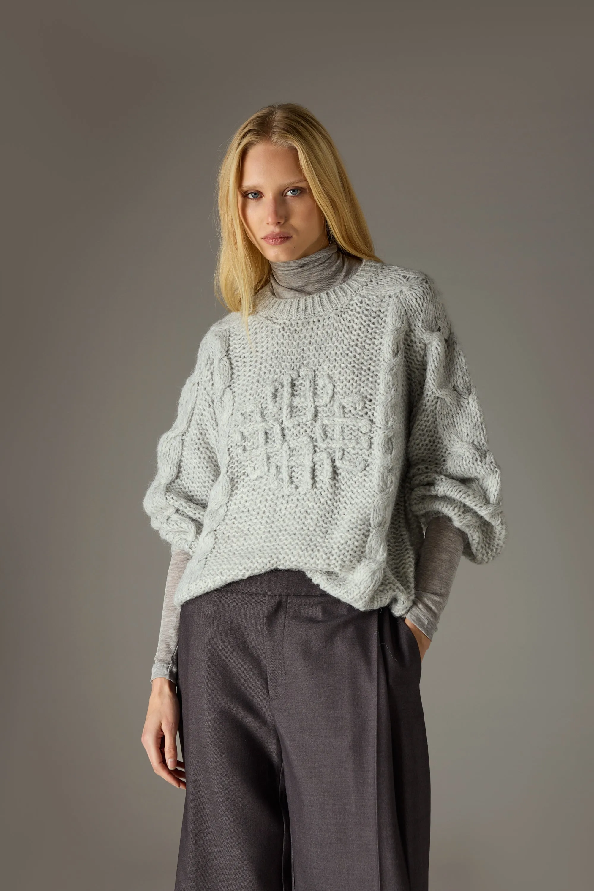 EMBLEM PLAITED OVERSIZED KNIT JUMPER - GREY MARL sold by The Couture Club product image thumbnail 2
